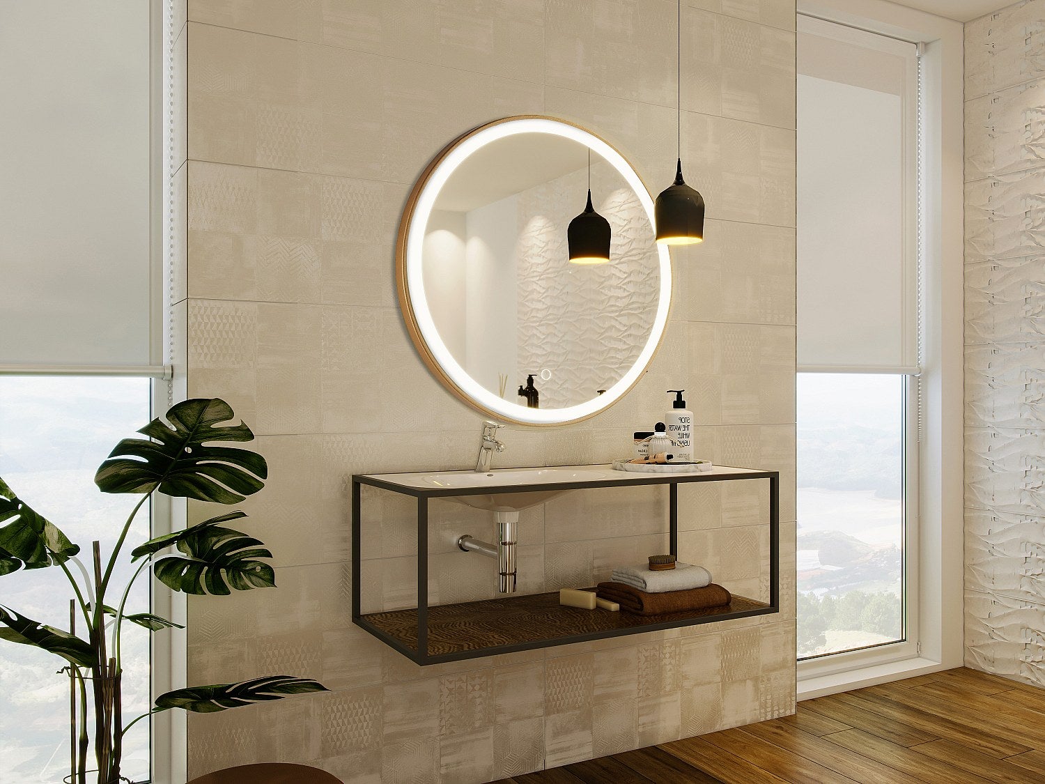 Lustro łazienkowe z oświetleniem LED okrągłe złote - śr. 80 cm - NUMEA