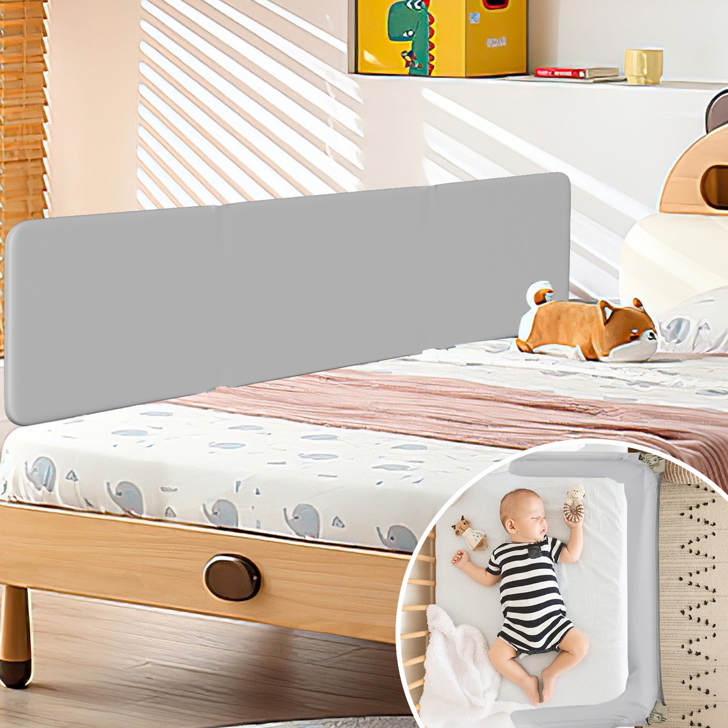 Barriera Letto Pieghevole Antiribaltamento Per Bambini – Lunghezza 180 Cm, Regolabile In Altezza 70-98 Cm, Con Ricamo, Grigia, Senza Fori