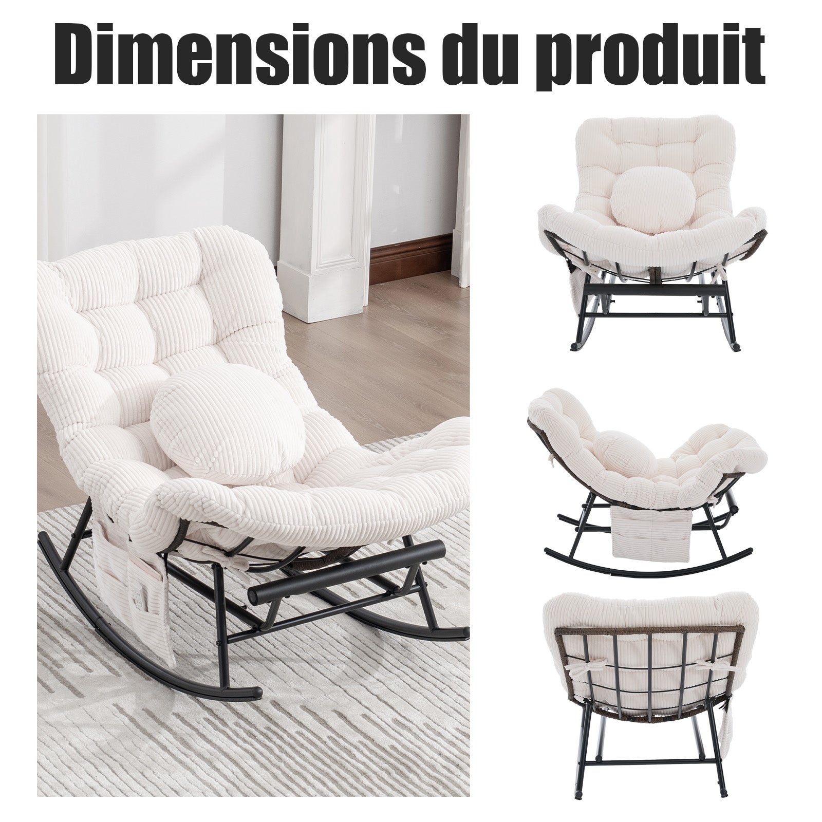 Rockingchair - Fauteuil à bascule avec Repose-Pieds Rétractable - Siège Large et Coussin Offert - 115kg - Pour Jardin, Terrasse, Salon - Cocon Pro - 6