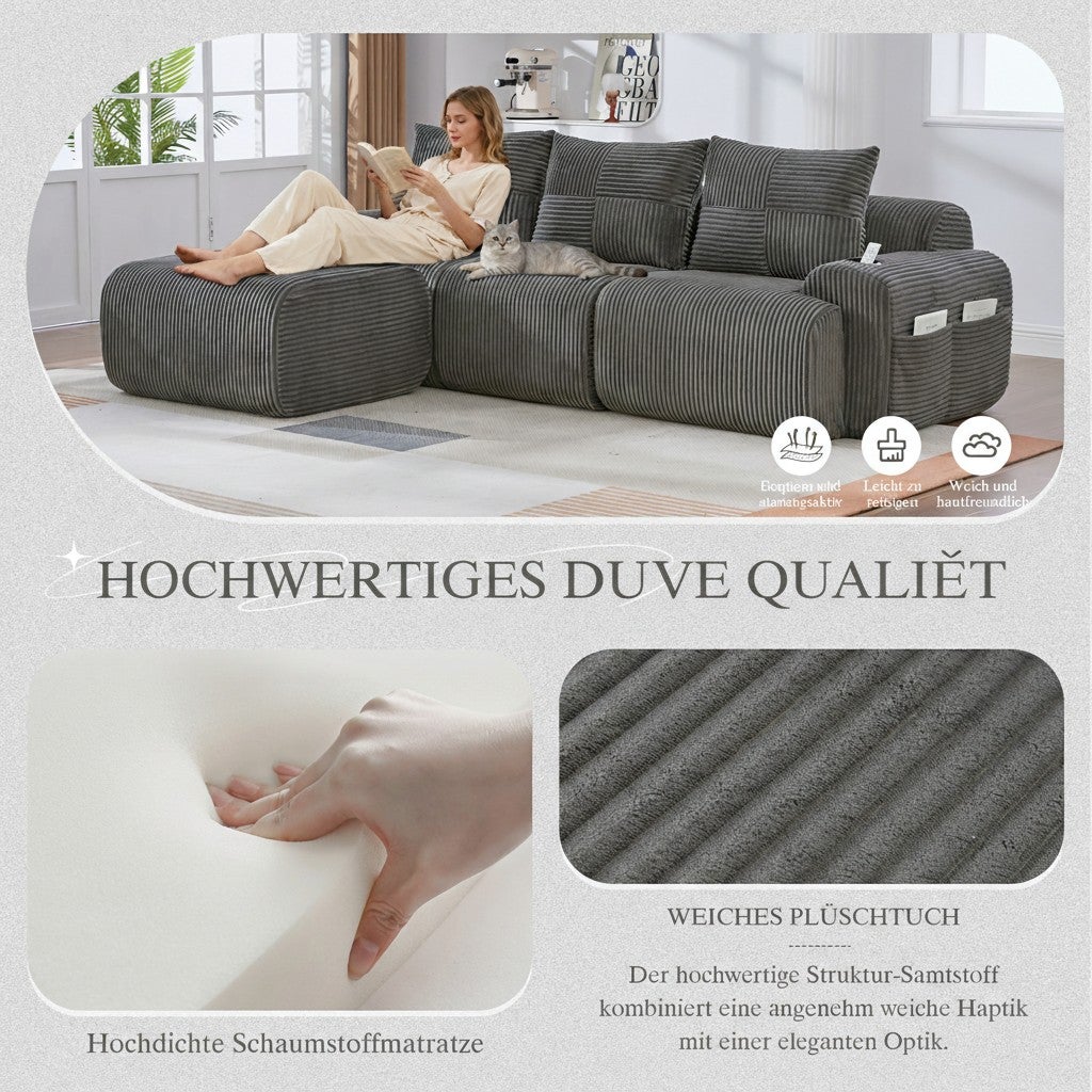 Canapé Modulable 3 Places en Velours Côtelé avec Porte-Gobelets et Rangement - Sofa Design Gris Foncé - 7