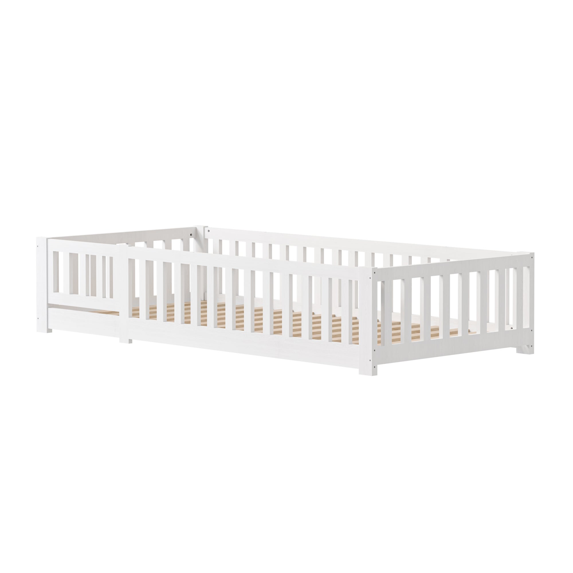 Lit enfant 90x200 cm, cadre en pin blanc, lit au sol, avec rambarde de sécurité, sommier à lattes, scandinave - 8
