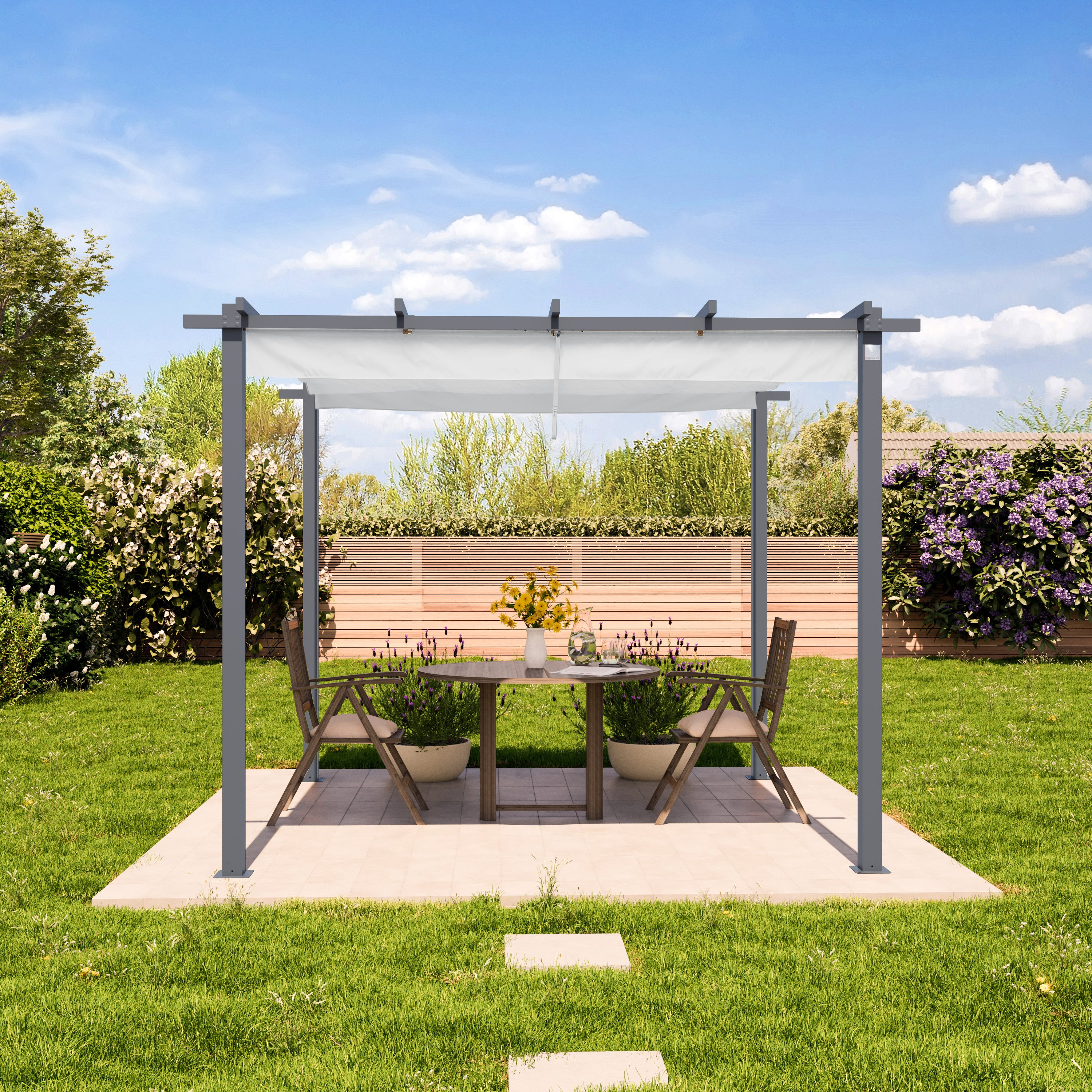PRIMEYARD Pergola 3x3 m gazebo da giardino con tetto scorrevole grigio - struttura in acciaio - 3