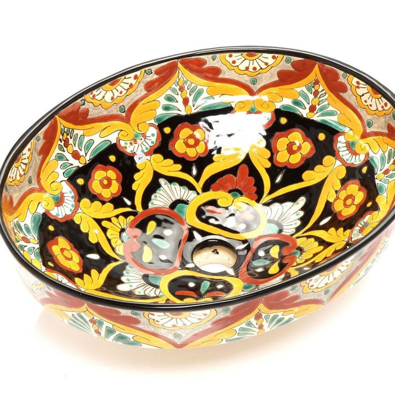 Meksykańska ceramiczna umywalka nablatowa Belinda – owalna umywalka łazienkowa półwpuszczana 44 x 35,5 x 15 cm | Umywalka z motywami Talavera