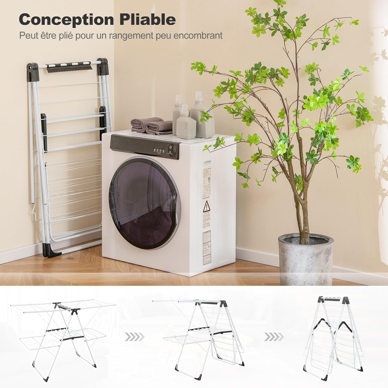 Etendoir Linge Interieur Pliable, Sechoir a Linge 2 Niveaux en Métal, 33 Barres, 4 Ailes Réglables, Pinces à Chaussettes, Intérieur Extérieur - 7