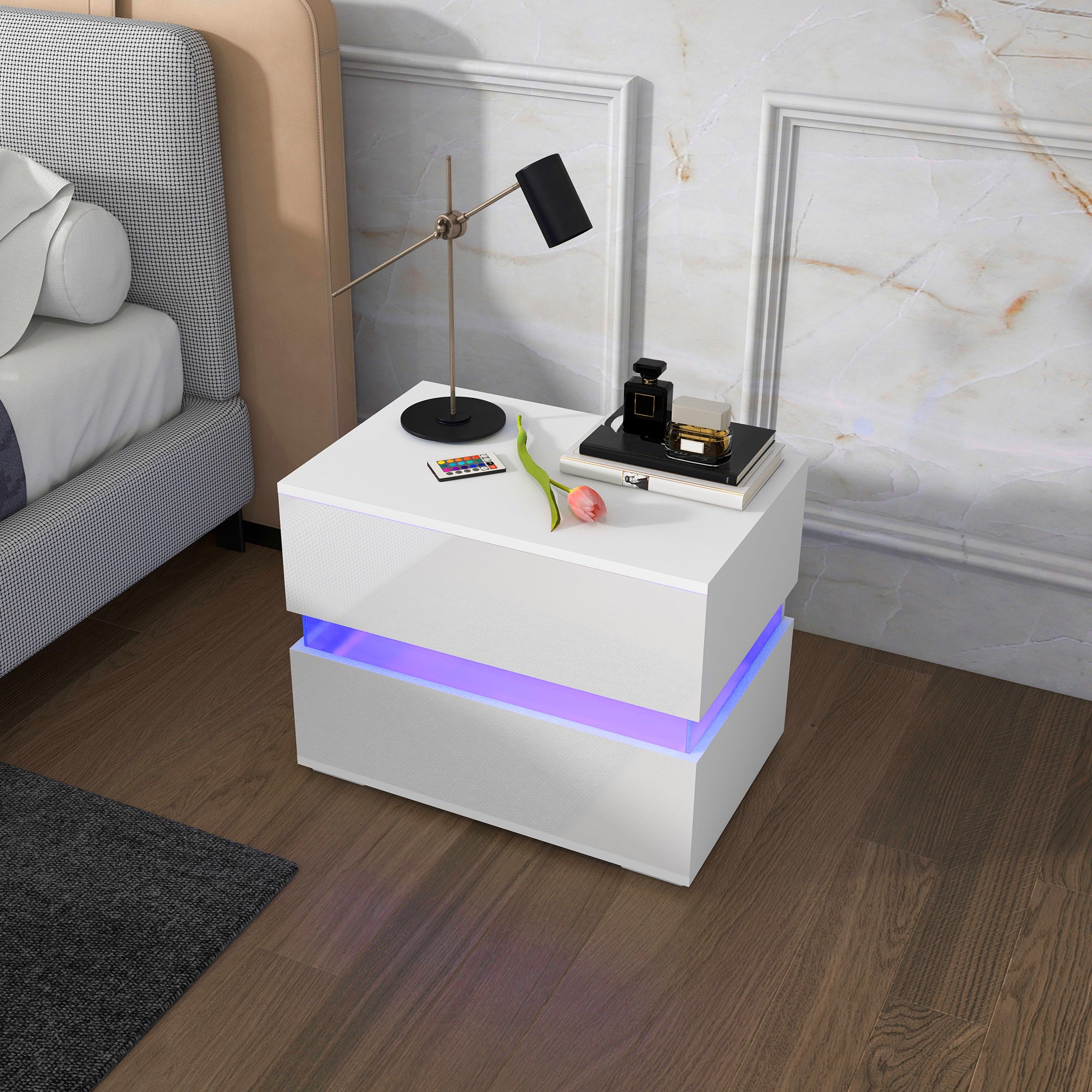 Comodino Bianco Lucido con 2 cassetti 40 cm, Cassetti Senza Maniglie
