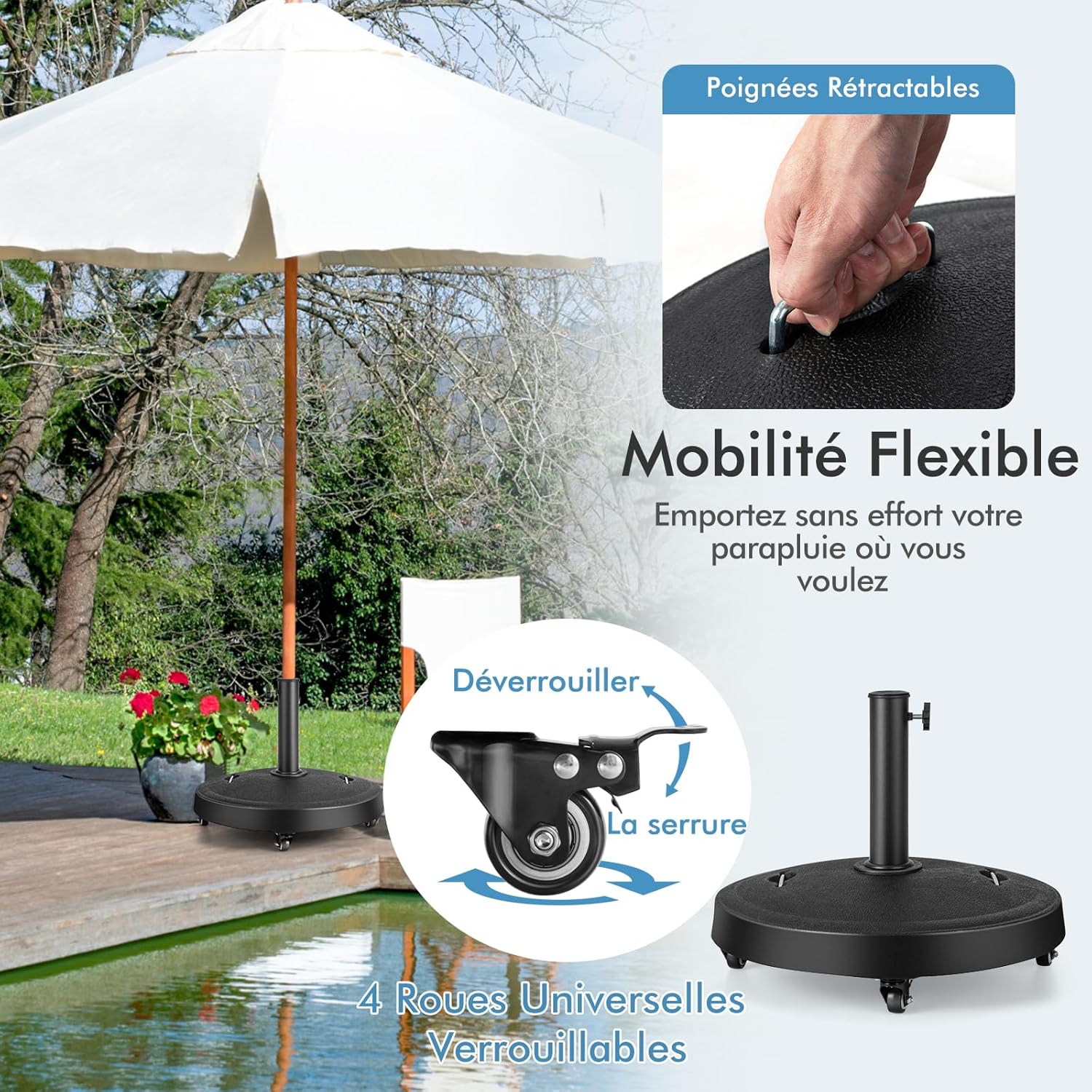 Pied de Parasol sur roulettes φ52CM 23KG, Socle Parasol Extérieur en Résine avec 2 Poignées Rétractables, pour Poteaux de Parasol 38/48 mm - 8