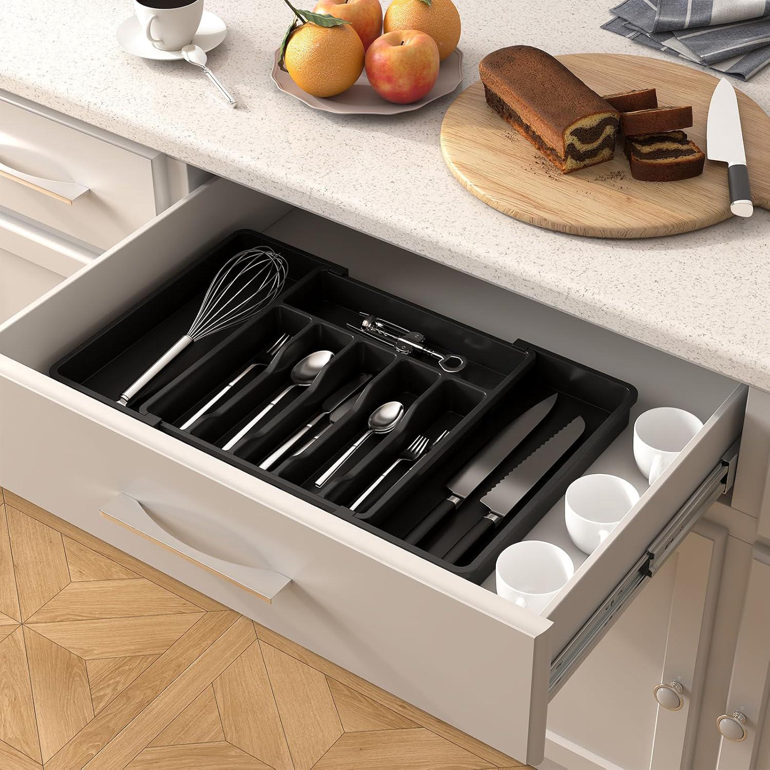 Tiroir à couverts extensible, organiseur de cuisine à tiroir réglable, plastique compact, noir - 9