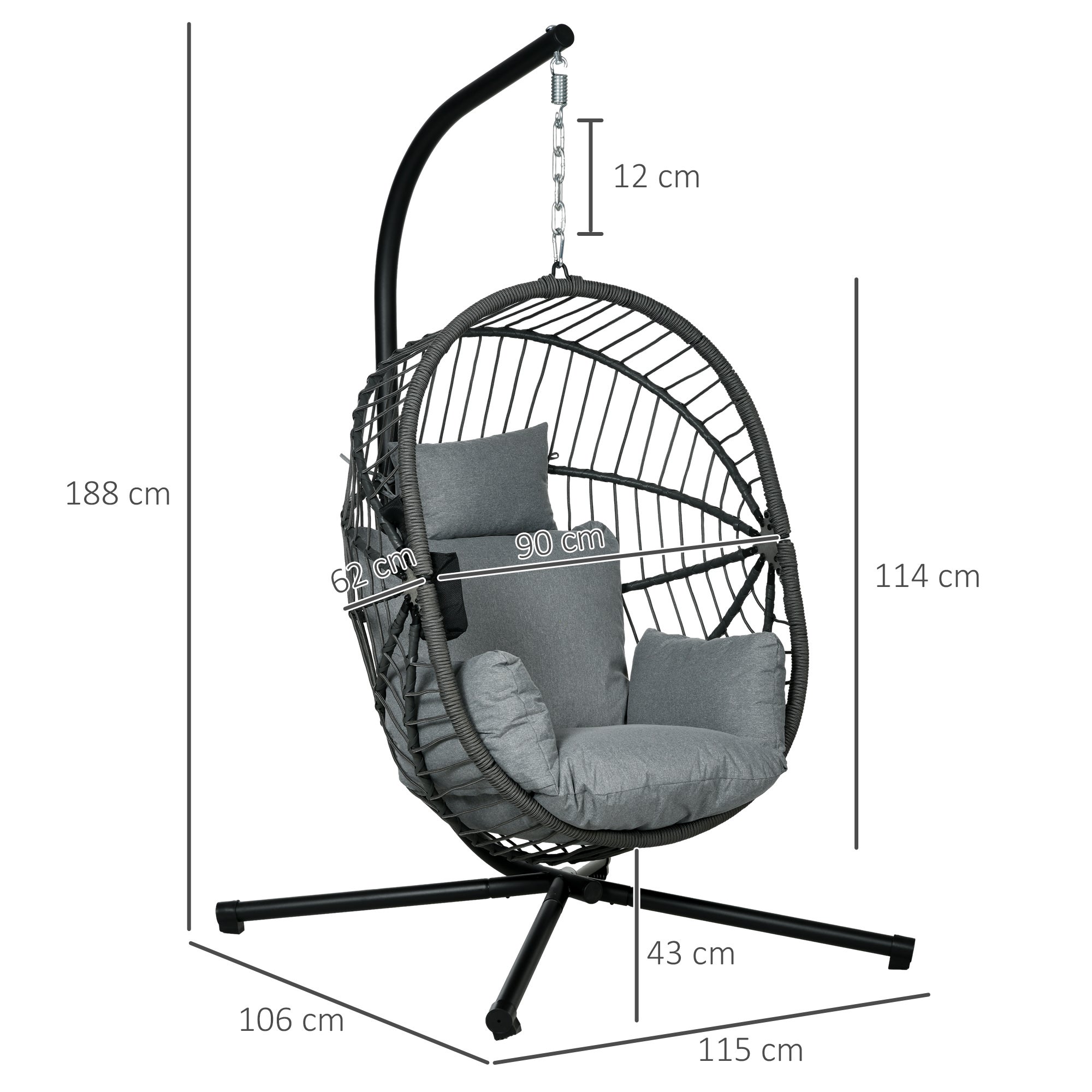 Chaise suspendue d’extérieur Chaise suspendue, incluant rembourrage, chaise à œufs, 120 cm x 106 cm x 188 cm, gris - 5