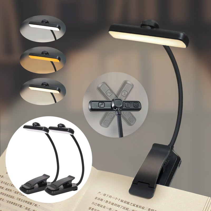 Zestaw 2 lampek do czytania z klipsem chroniących oczy, obrotowa głowica lampy, lampka do nauki, trójkolorowe światło, czarna