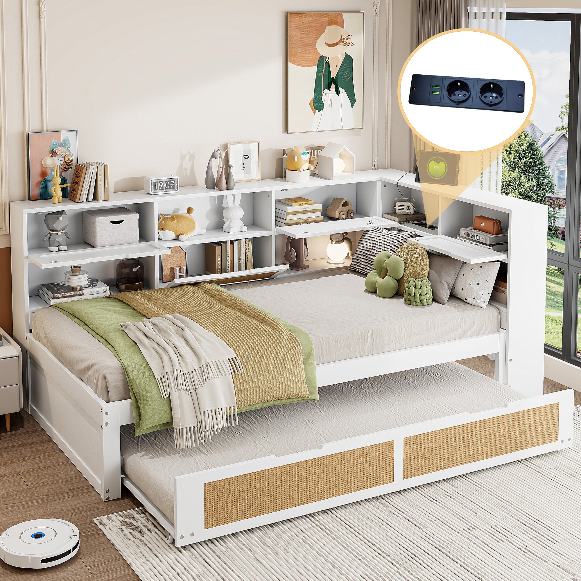 Letto estraibile Letto singolo Letto per bambini e ragazzi 90 x 200 cm in legno con letto estraibile 90 x 190 cm, presa USB e contenitore, bianco