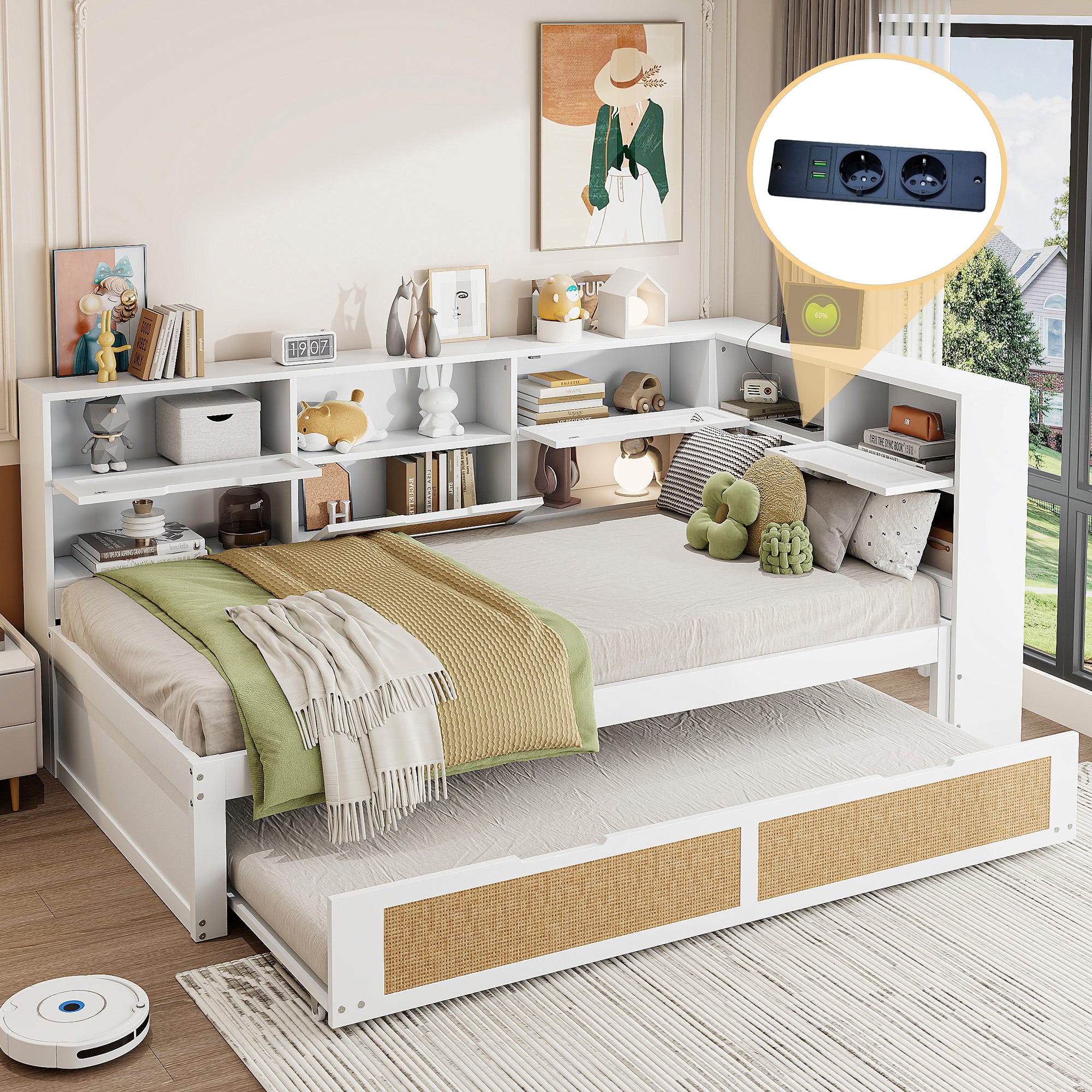 Letto estraibile Letto singolo Letto per bambini e ragazzi 90 x 200 cm in legno con letto estraibile 90 x 190 cm, presa USB e contenitore, bianco Letto estraibile Letto singolo Letto per bambini e ragazzi 90 x 200 cm in legno con letto estraibile 90 x 190 cm, presa USB e contenitore, bianco