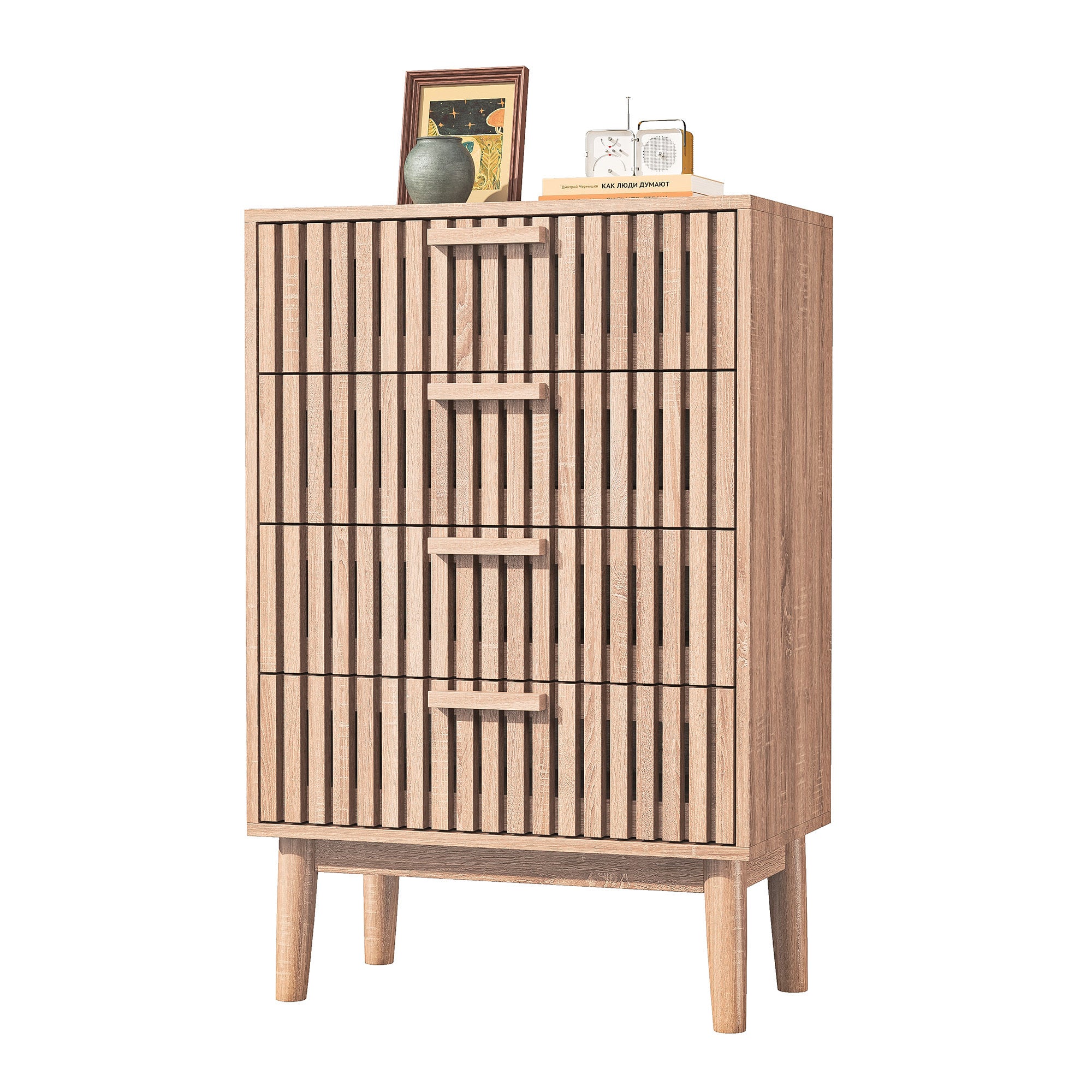 Commode, 4 tiroirs, Chiffonnier, pieds antidérapants et poignée en bois, convient aux salons et aux chambres, 60x91x34 cm - couleur bois naturel - 8