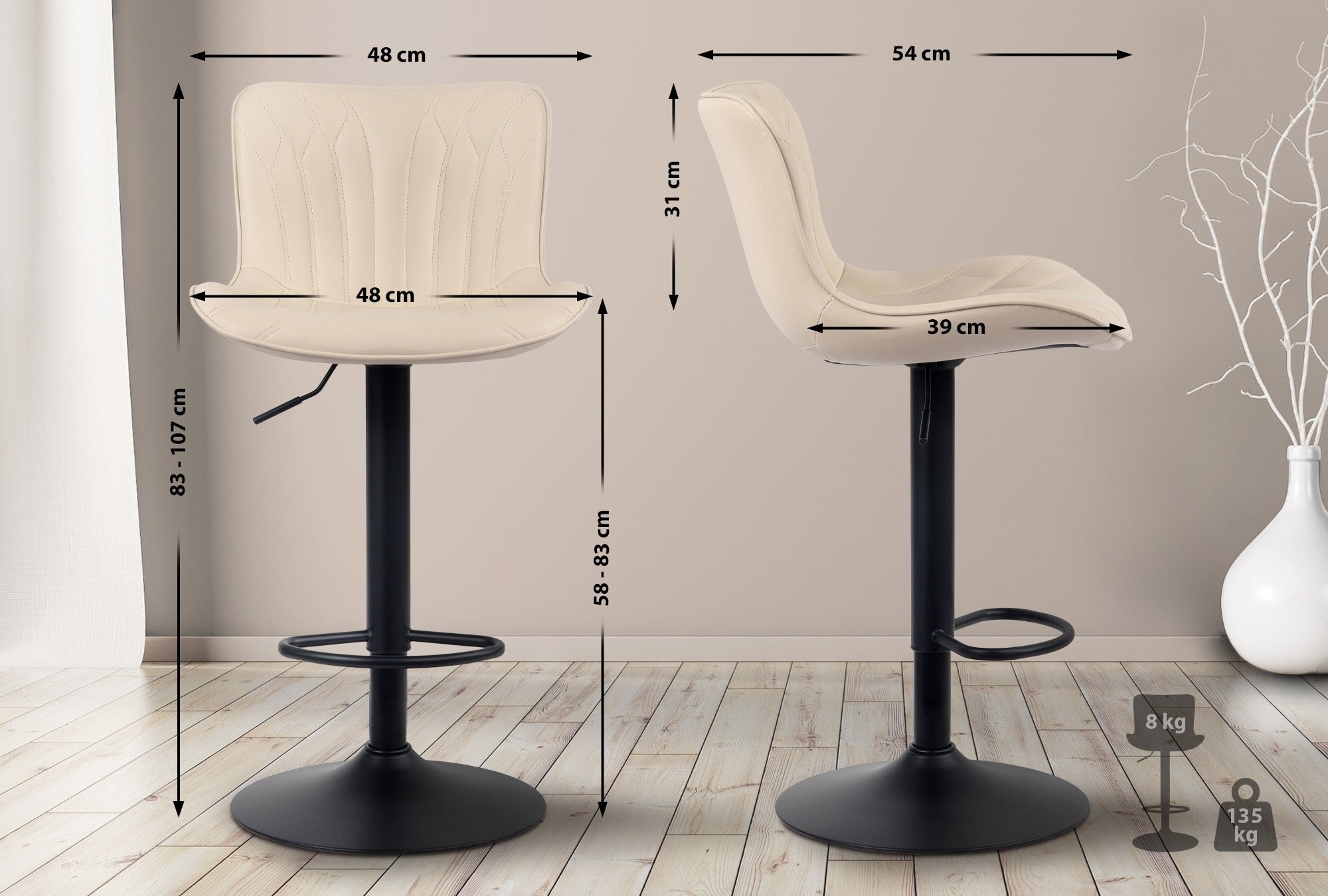 Tabouret de bar Linus Pied en Métal Hauteur réglable Siège pivotant Crème|Similicuir - 2