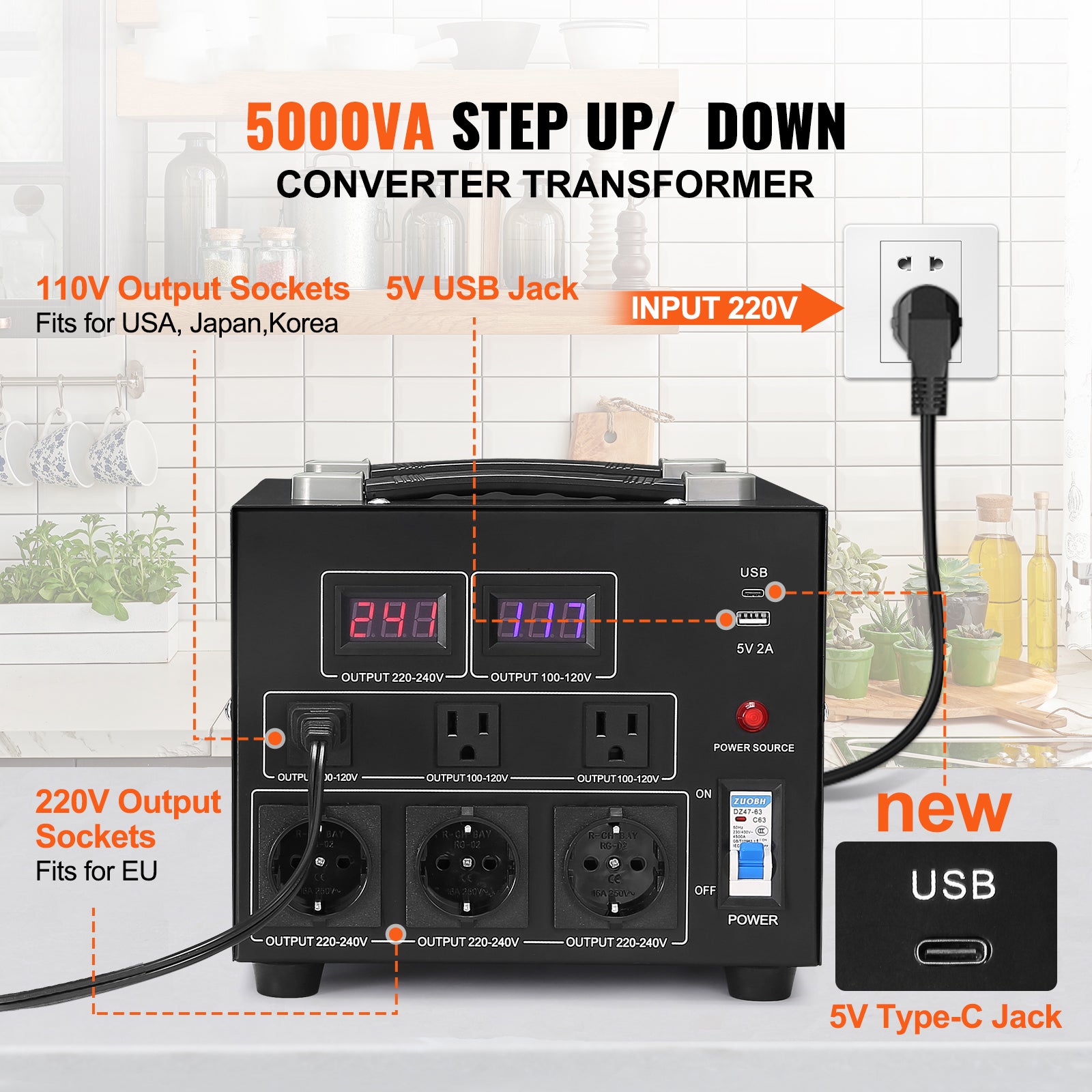 Transformateur convertisseur tension, 5000 W, élévateur/abaisseur robuste, 110 V à 220 V et 220 V à 110 V, prise américaine, prise SucceBuy - 4