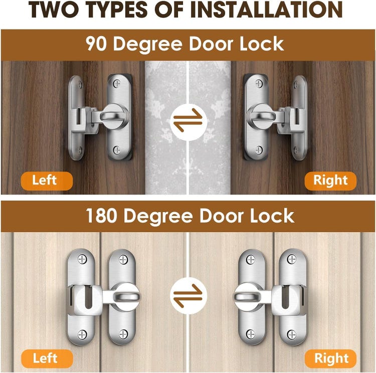 Verrou Porte Coulissante,90/180 Degrés Serrure Porte Interieure Avec Vis Loquet Porte Crochet,pour Porte Fenêtre Chambre Salle Bain - 3