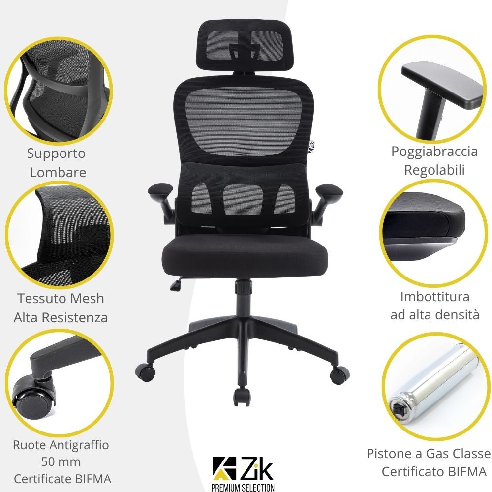 Chaise de bureau avec accoudoirs Fauteuil ergonomique pivotant avec support lombaire et appui-tête réglable, dossier pivotant - Noir - 10