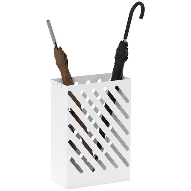 Porte-parapluie - HOMCOM - rectangulaire - 4 crochets et bac d'égouttement amovible - acier - 28 x 14 x 41 cm - blanc