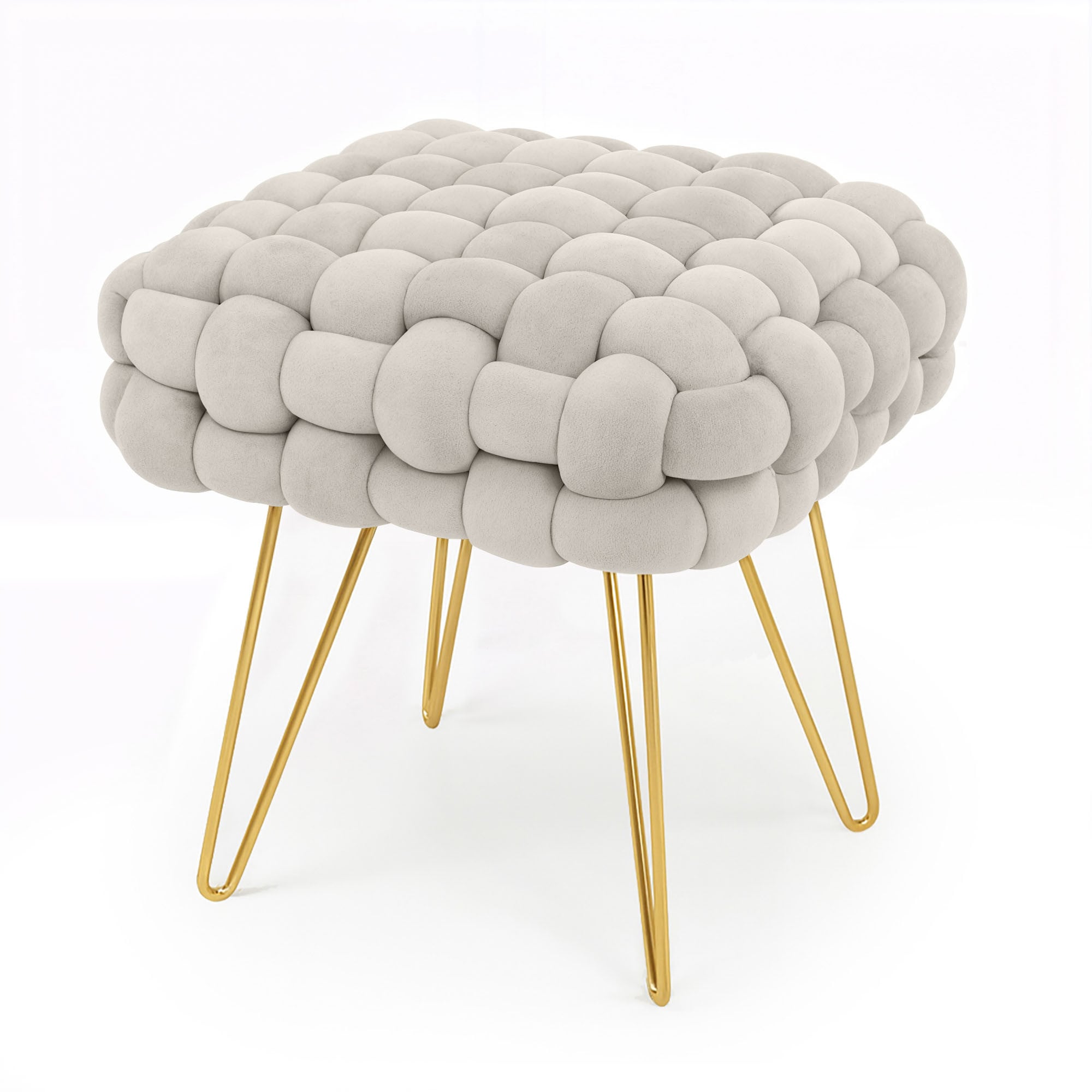 Pufa z plecioną tapicerką welurowa 38 cm DOTTY Kremowa