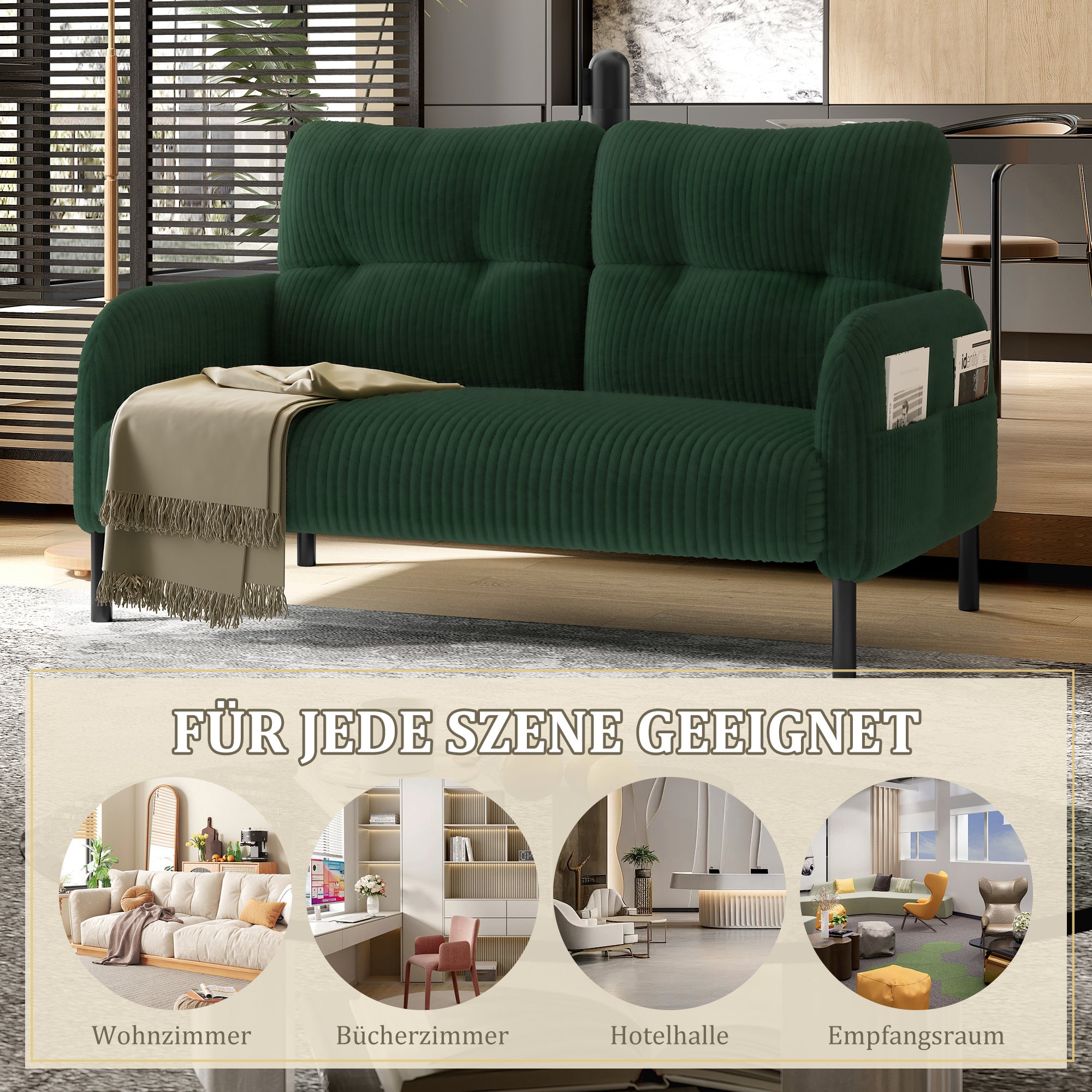 Canapé 2 places velours côtelé - Dossier haut pieds métal poches latérales pour salon/bureau - 7