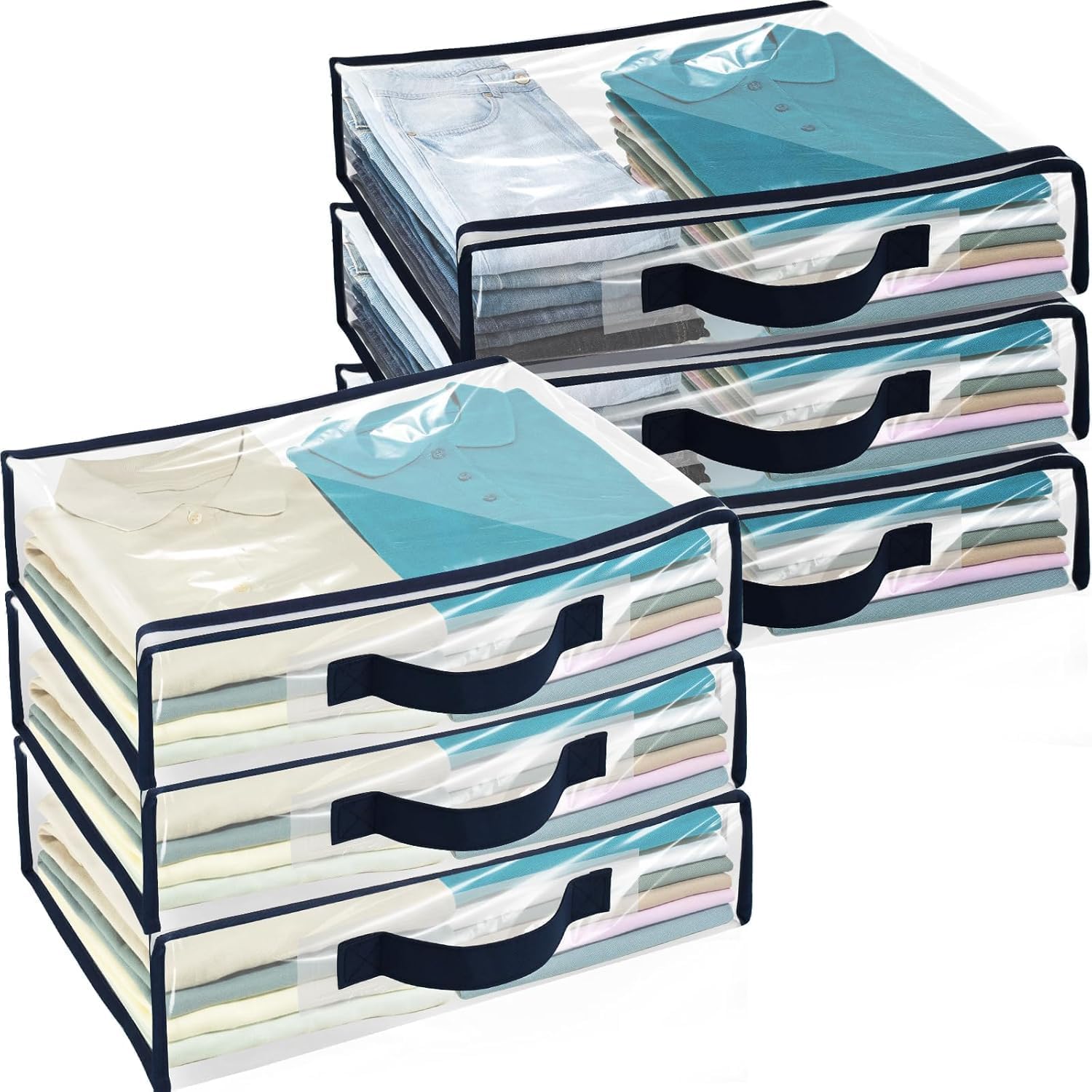 Zestaw 6 przezroczystych toreb do przechowywania z wzmocnionymi uchwytami na ubrania, koce, swetry, pościel, kołdry, poduszki – zapięcie na zamek bły