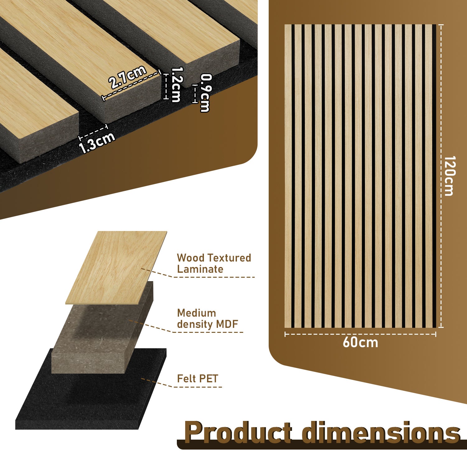 Panel moldeado Revestimiento de pared natural Panel acústico de pared moderno de MDF chapado en madera y fieltro 1x 120x60x2.1cm Madera - 2