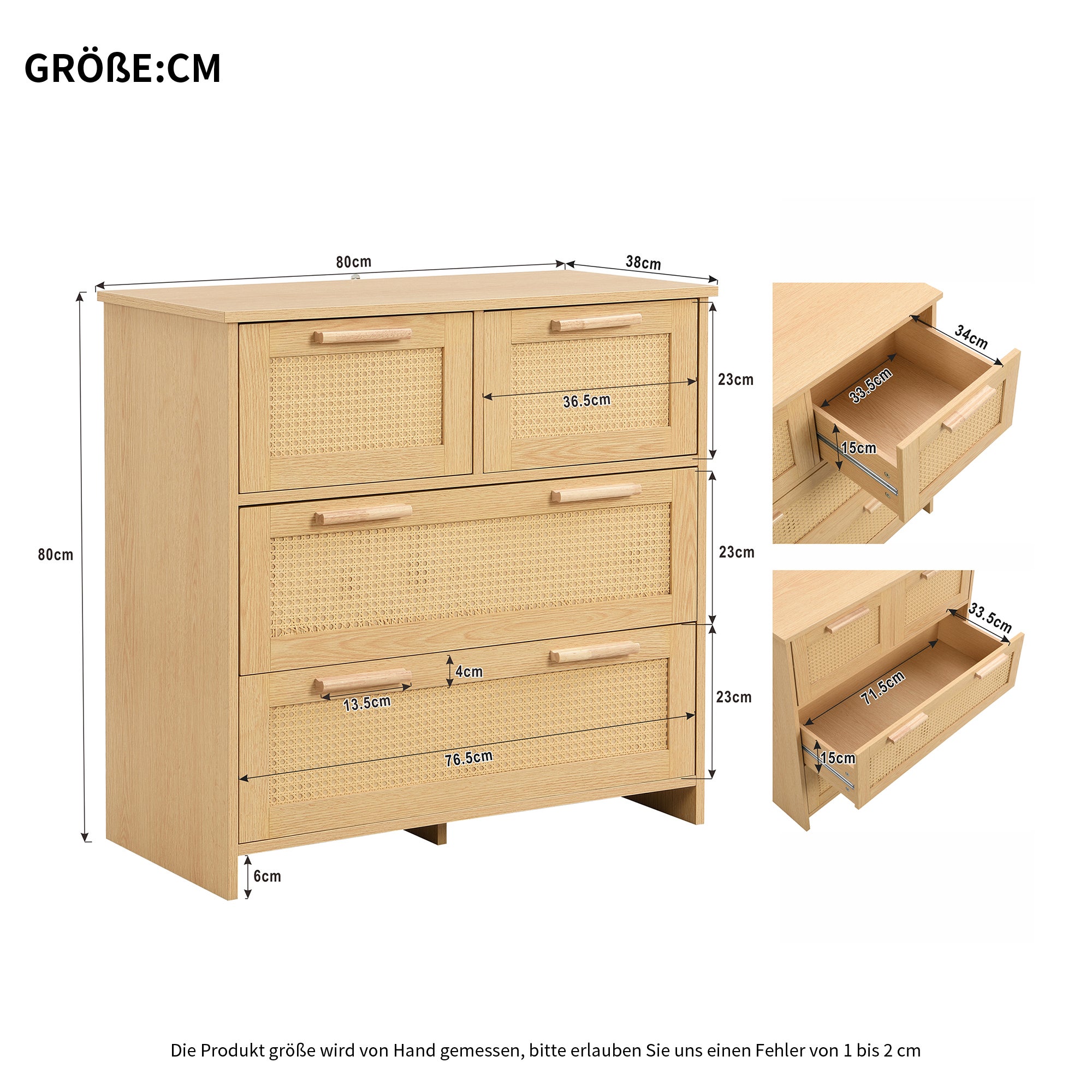 Commode rotin 80x38x80cm 4 tiroirs poignées bois structure robuste ...