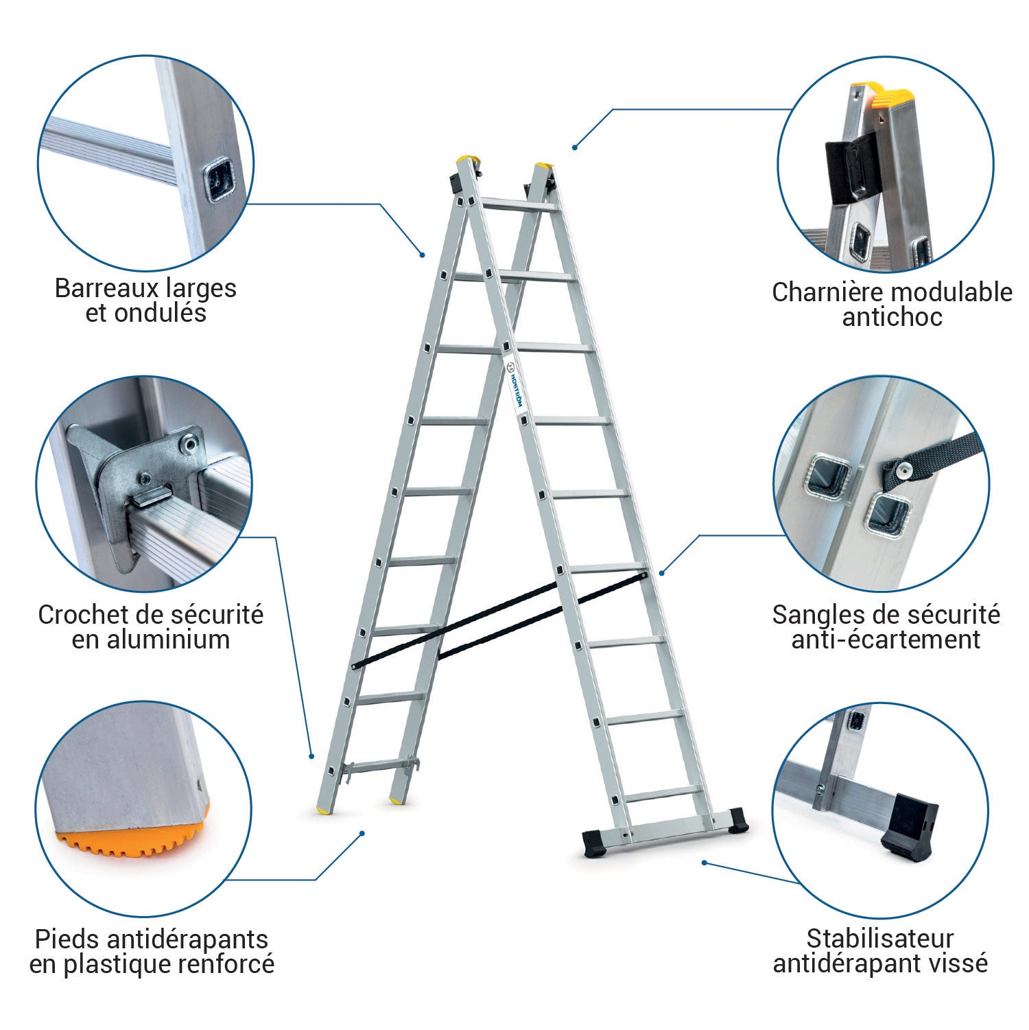 HOSTRÖM Echelle transformable 2 plans StablePro 2x9 marches aluminium extensible coulissante, 3 positions, hauteur travail max 5,02m, garantie 5 ans - 2