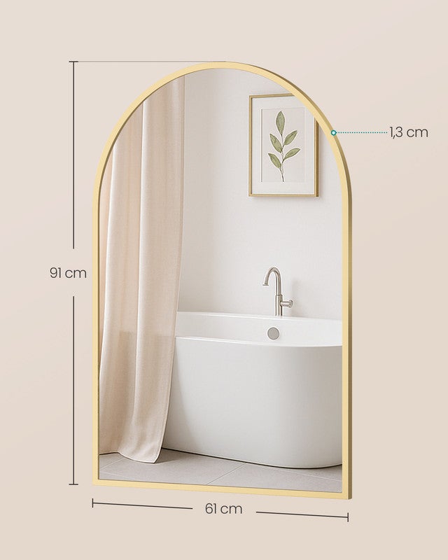 Miroir Salle de Bain, Miroir Mural Arqué, Cadre en Aluminium, 91 x 61 cm, avec Film de Sécurité, Montage Facile, pour Salon, Chambre, Doré Clair - 5