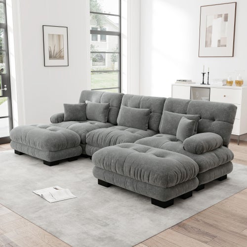 Canapé d'angle, canapé en U pour salon à 3 place avec pouf amovible, en tissu, gris - 2