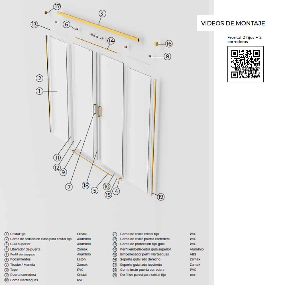 Mampara Douche Frontale 2 Fixes + 2 Portes Coulissantes | Verre Trempé 6 mm Anticalcaire | Profilé Or brossé 180cm (adap. 176,1-181) - 4