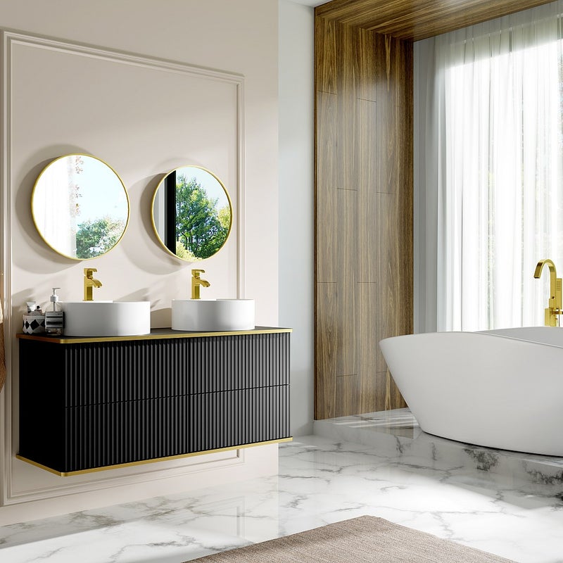 Szafka łazienkowa wisząca ryflowana ze złotą listwą i dwoma okrągłymi umywalkami nablatowymi - Czarny - 120 cm - KELIZA