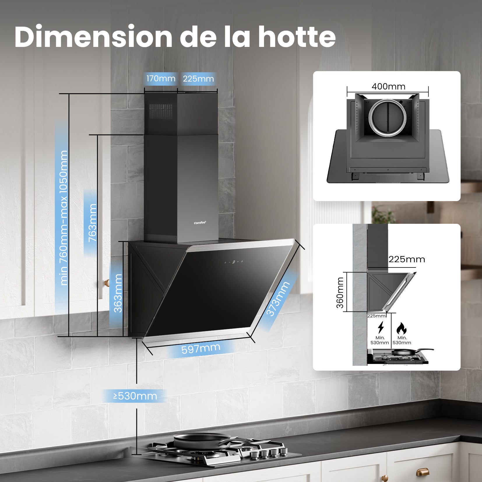 COMFEE Hotte Aspirante Inclinée 60cm 480m³/h Classe A++, Commandes Sensitives, BLDC Moteur, 3 Vitesses, 2 Filtres à Charbon, Verre Noir - 9
