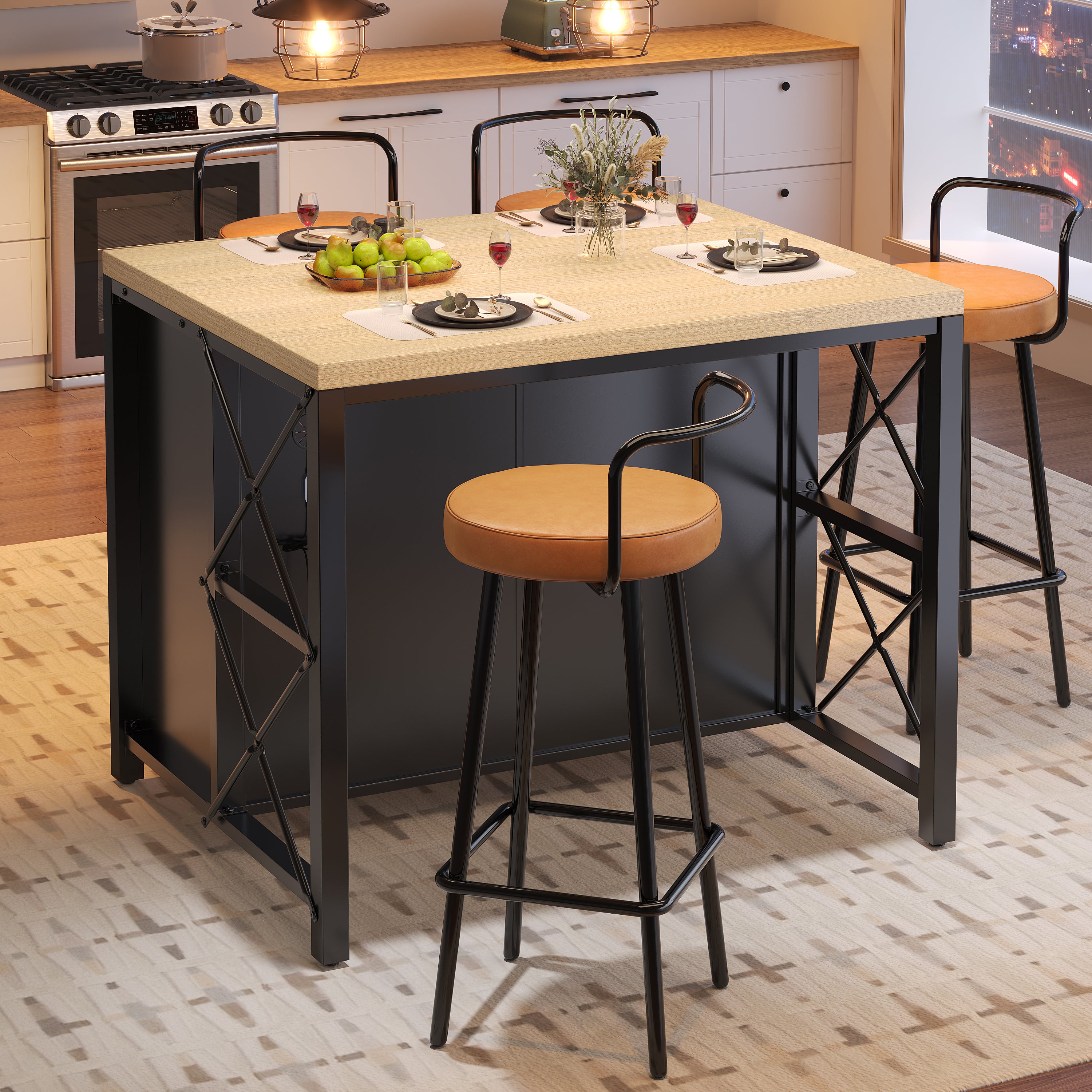 Isla de cocina con 4 taburetes - 2 puertas de cristal y 2 cajones - 100 ...