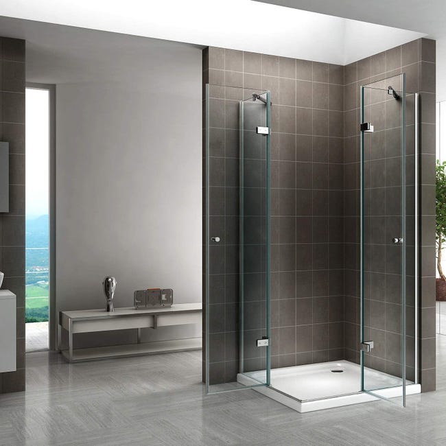 Cabine de douche d'angle 90x90 en verre trempé transparent avec double soufflet et profilés Cabine de douche d'angle 90x90 en verre trempé transparent avec double soufflet et profilés