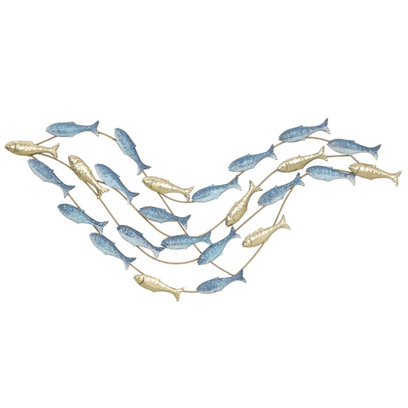 Décoration murale en métal « Banc de poissons » avec vis incluses, 99,7 x 3,8 x 50,2 cm, doré et bleu - 3