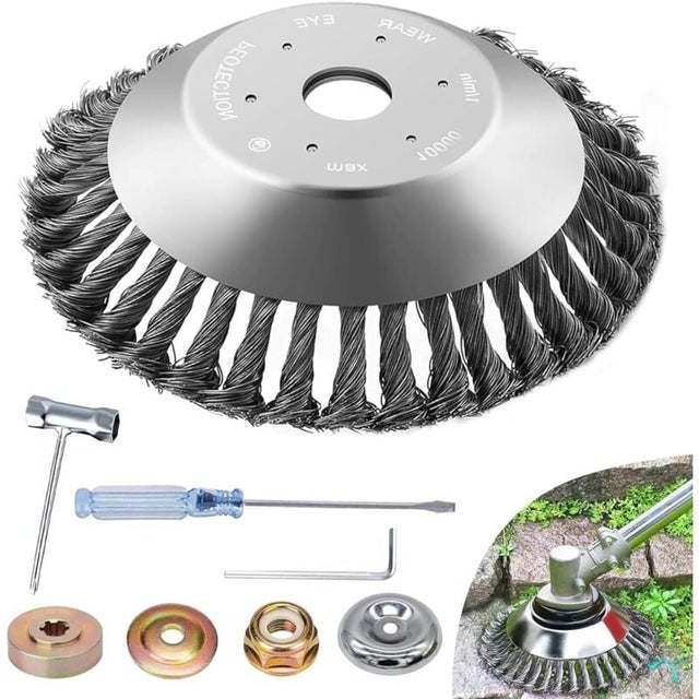 Tête de désherbage Fil d'acier,150 x 25,4 mm Brosse à Ronde, Brosse de Debroussailleuse Universelle,Tête Brosse Désherbage avec 7 Accessoires