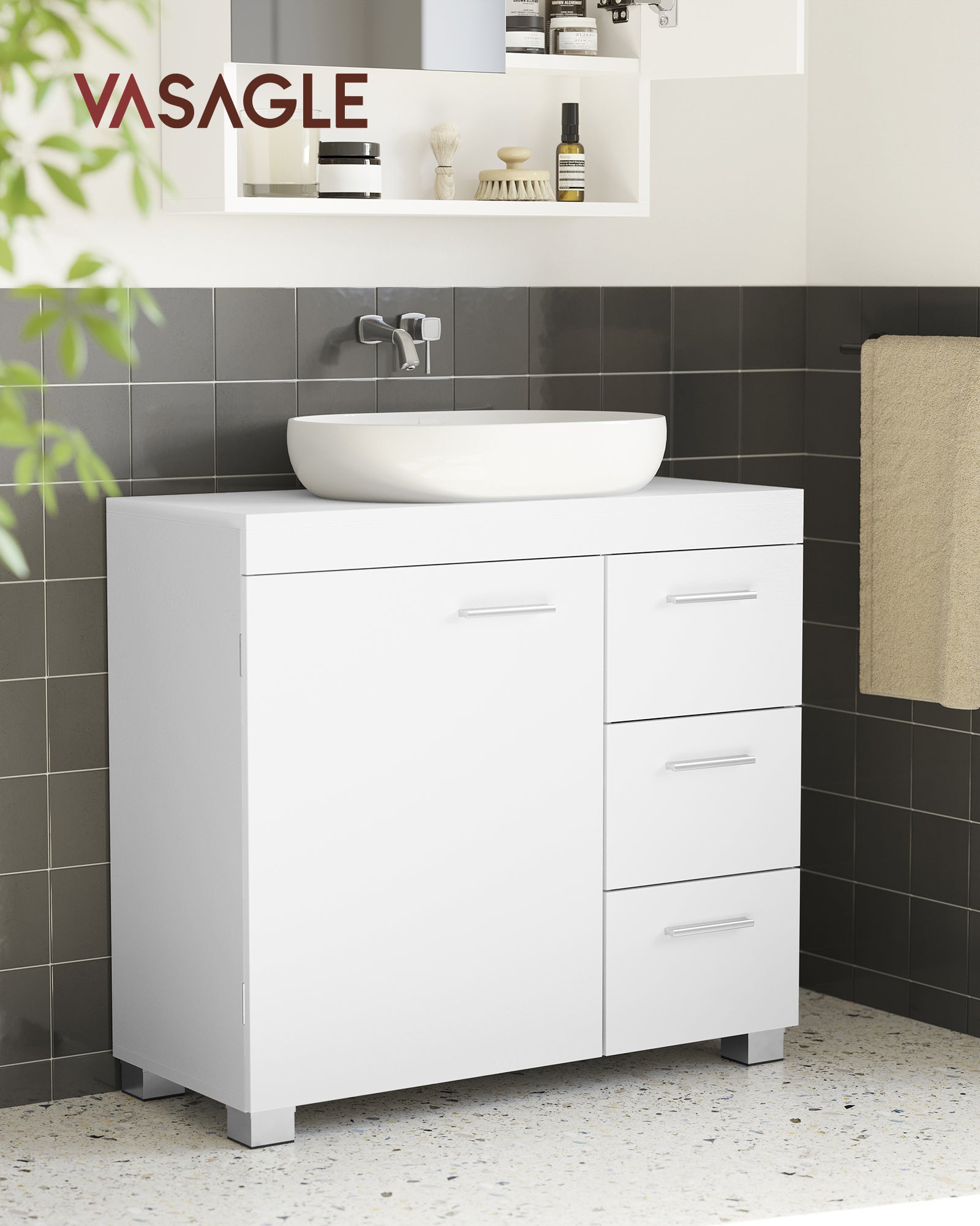Meuble sous Lavabo, 3 Tiroirs Latéraux, 2 Compartiments Derrière la Porte, avec Pieds, 30 x 70 x 64 cm, Blanc Nuage - 2