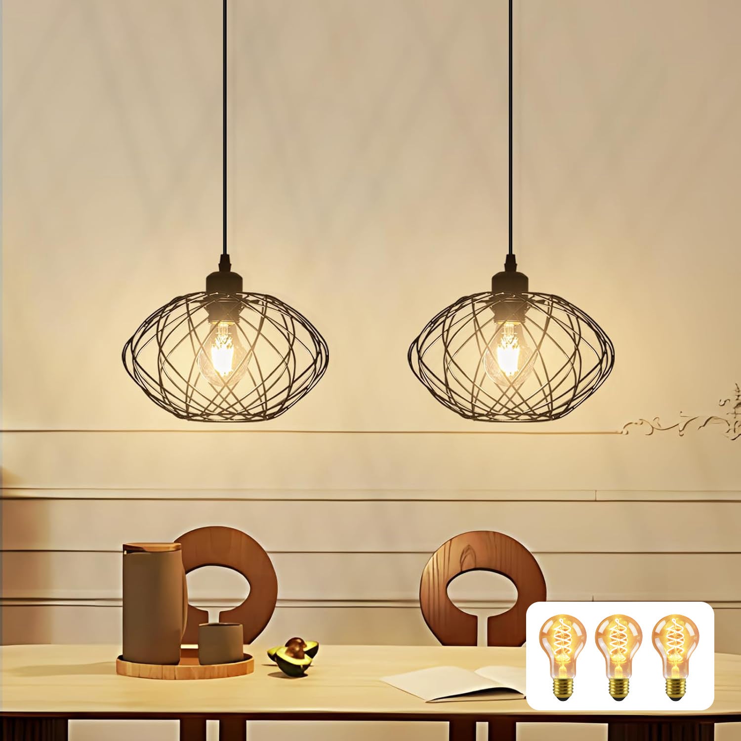ZMH 120 cm Czarna lampa wisząca do jadalni w stylu retro, E27, zestaw 2 sztuk z 3 żarówkami w zestawie