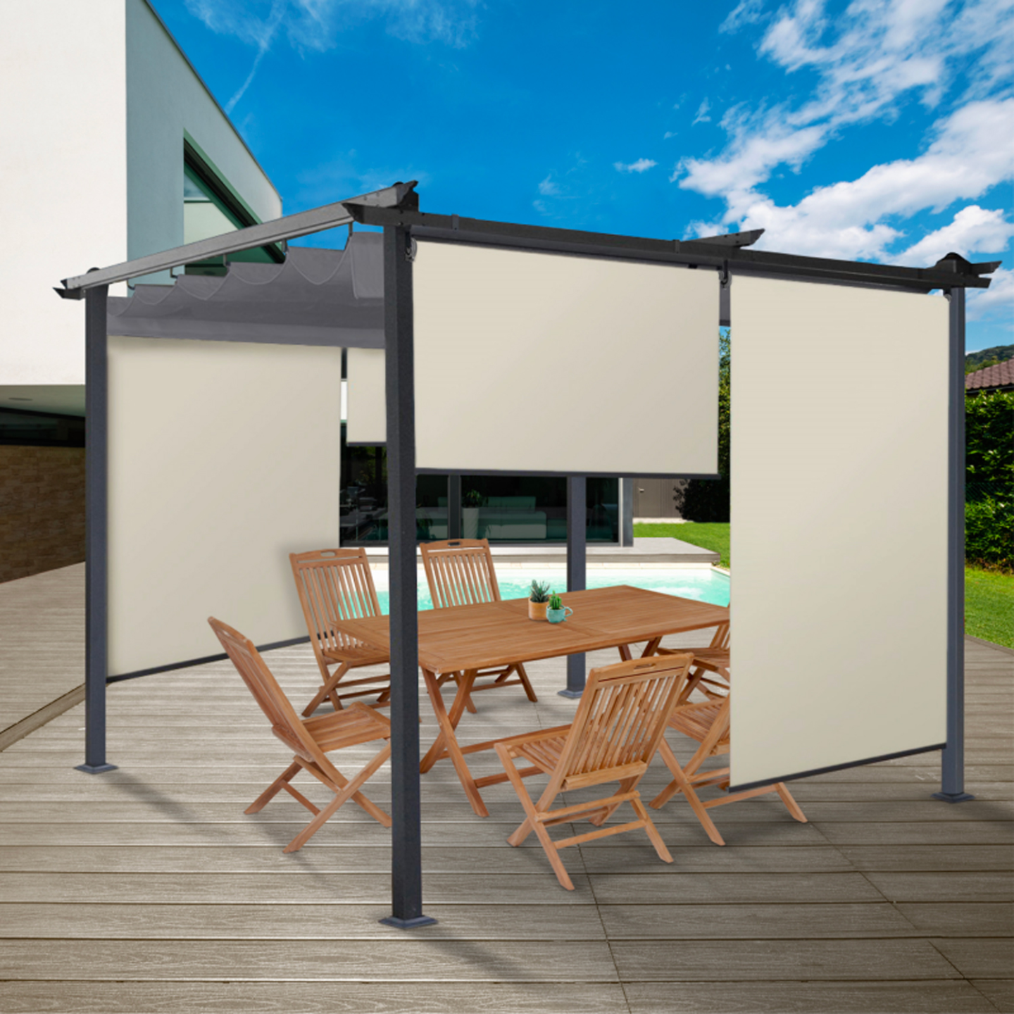 Set Di 2 Tende Avvolgibili Per Pergolato - 124x225 Cm, Grigio Antracite, Tessuto Poliestere, Regolabili A Mano