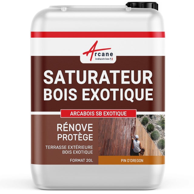 Saturateur Bois Exotique pour Teck, Ipé, Cumaru ... : ARCABOIS EXOTIQUE - 20 L (jusqu'à 100 m²) Pin D'Oregon - Teinte Orangé - ARCANE INDUSTRIES