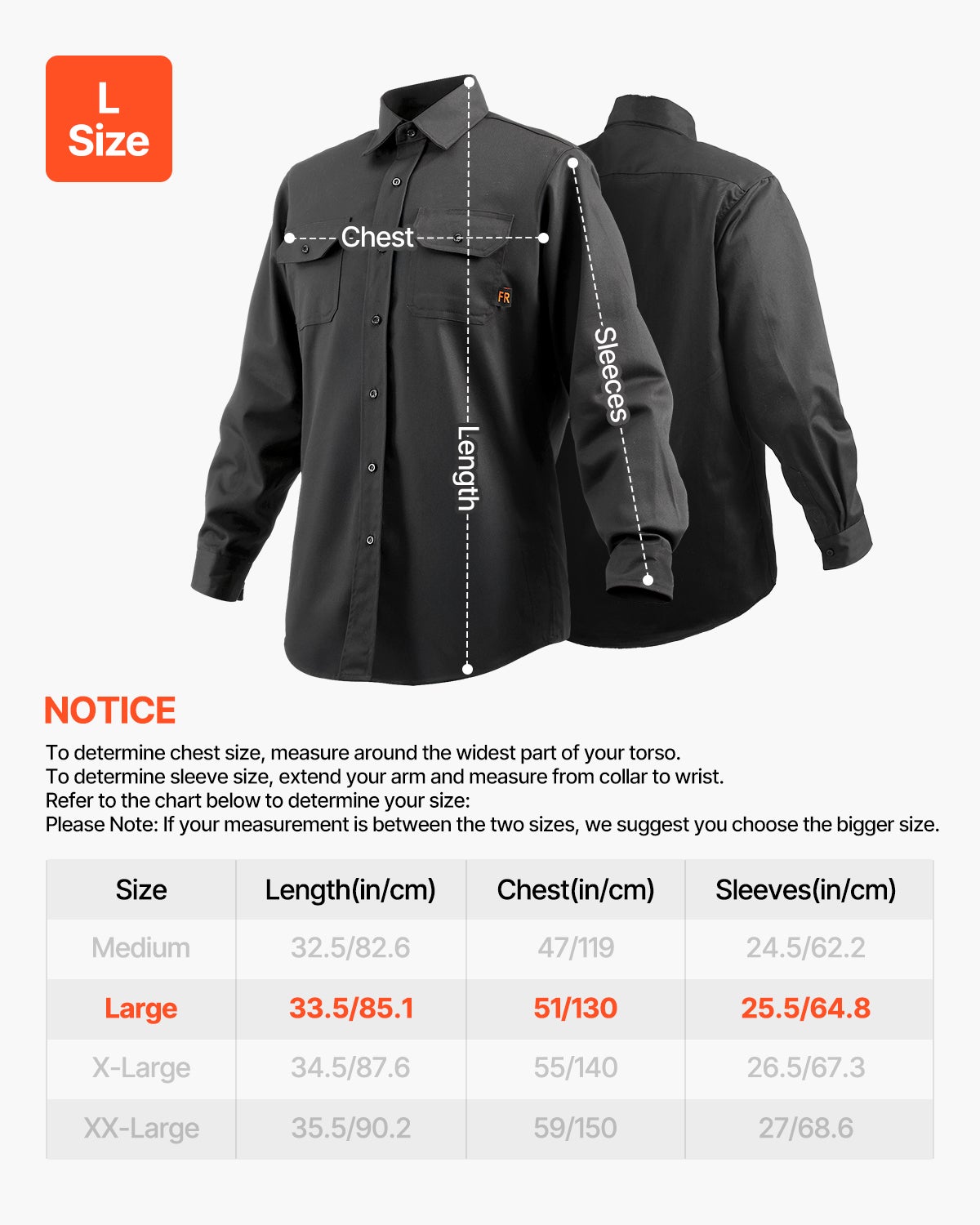 Veste soudage ignifuge,coton FR VEVOR 7 oz,lavable machine,résistante à la chaleur,taille L,col,poignets réglables,2 poches,ATPV 9,2 Cal/cm² - 7