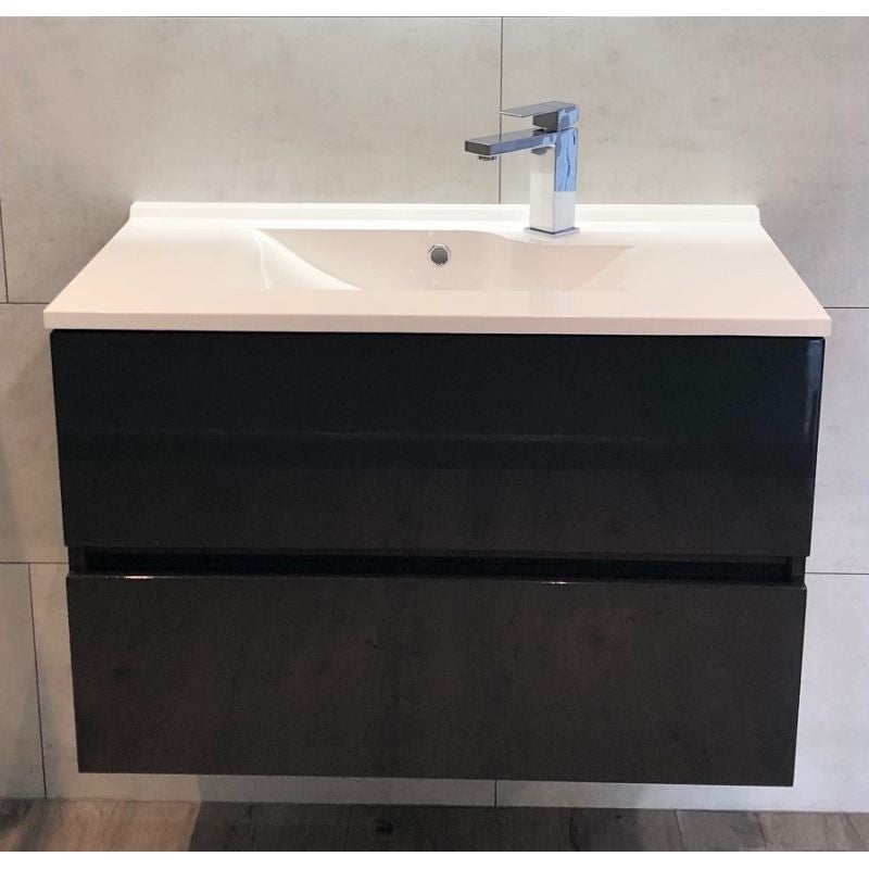 Meuble salle de bain suspendu 80 cm ROSALY | coloris : Gris | plan vasque : Résine - 3