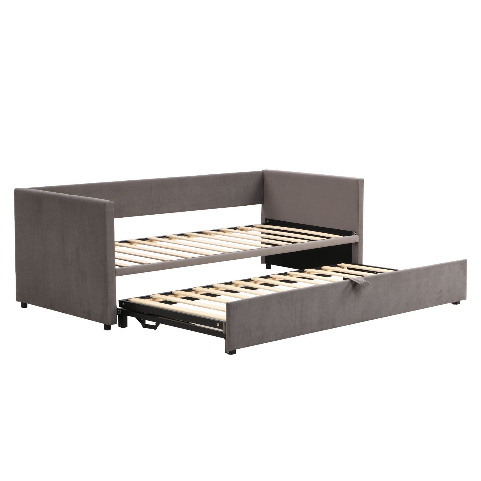 Canapé convertible lit 90/180x200 cm, avec lit gigogne, sommier à lattes, structure métallique, revêtement en velours, lit double - Gris - 7