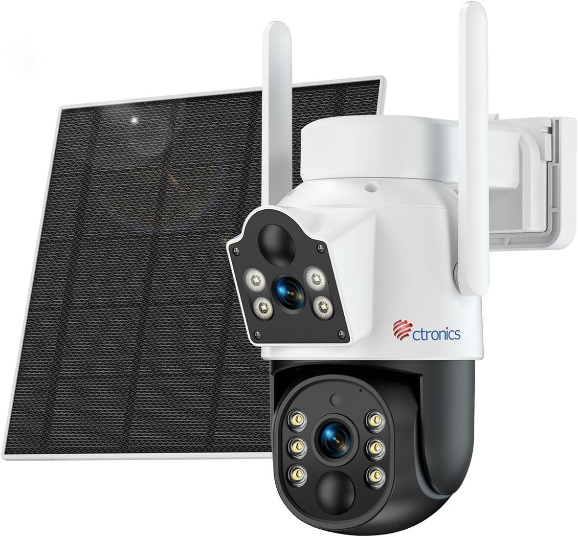 Ctronics Solarna Zewnętrzna Kamera Monitoringu z Podwójnym Obiektywem 2K 3MP – Bateria 9800 mAh, Panel 6W, Alarm Dźwiękowy i Świetlny, Aplikacja i PC