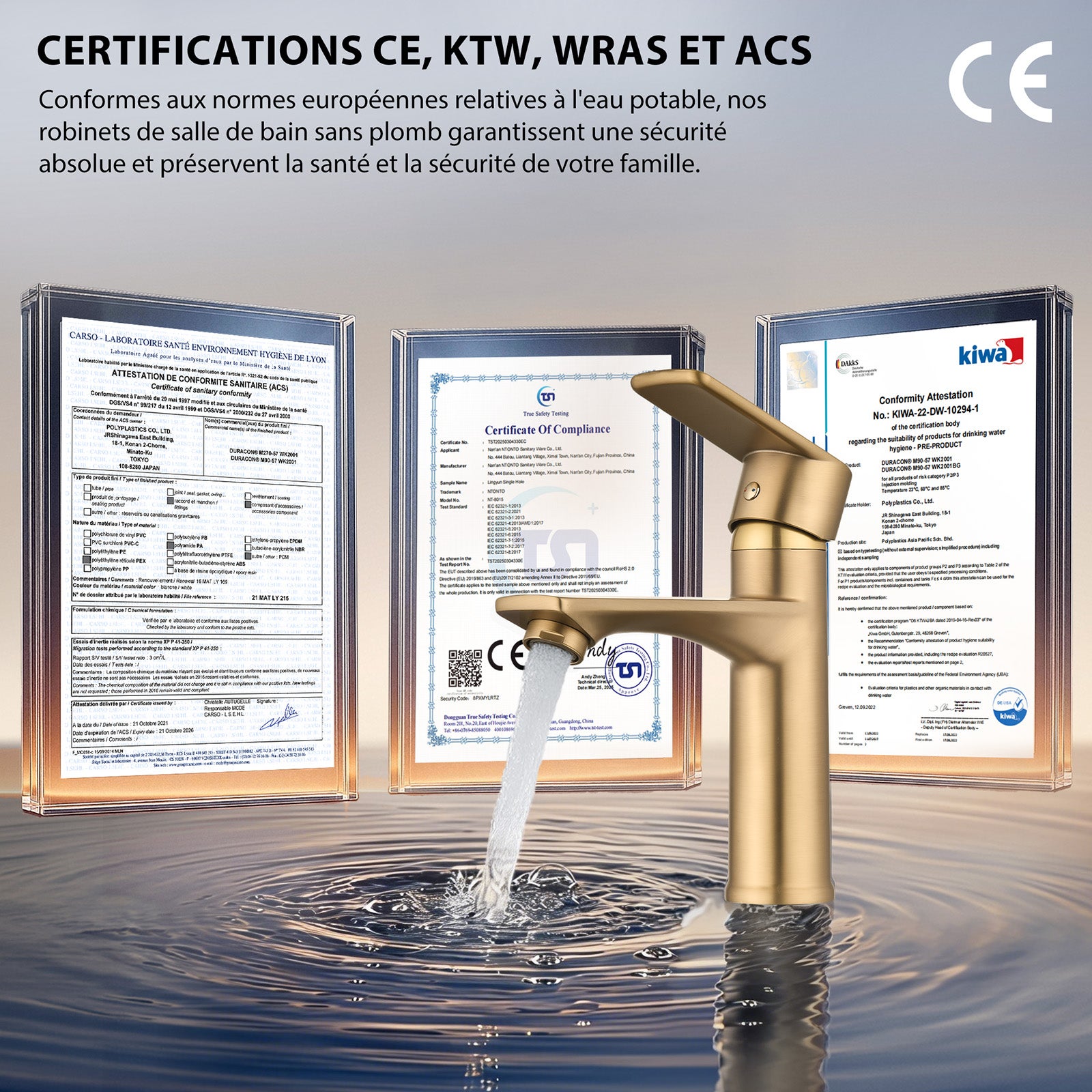 Mitigeur Lavabo Doré en Laiton avec Levier Unique, Robinet Salle de Bain Eau Chaude et Froide pour Lave-Mains - 4