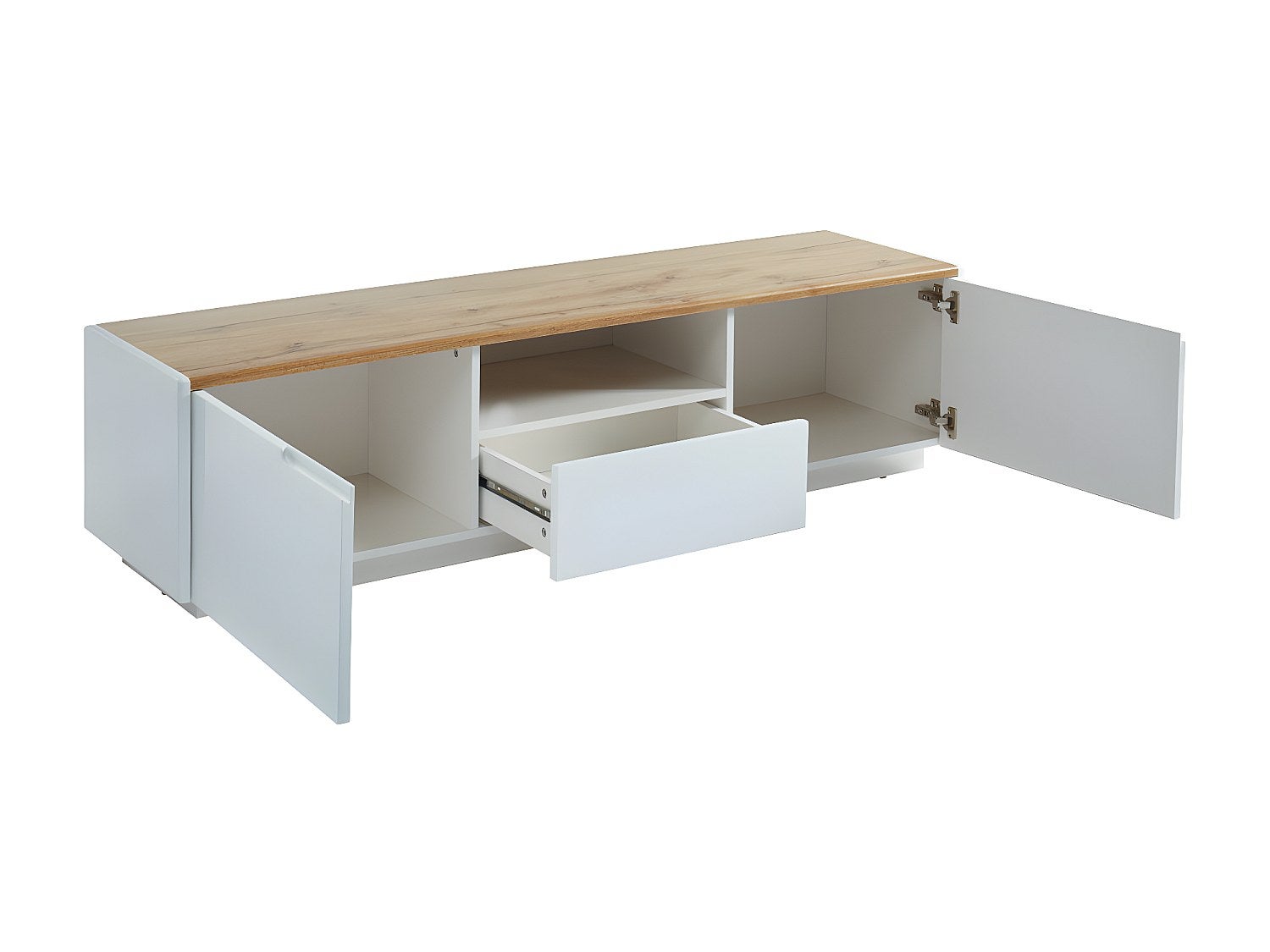 Meuble TV AMANI - 2 portes & 1 tiroir - MDF - Coloris: Blanc laqué et chêne - 4