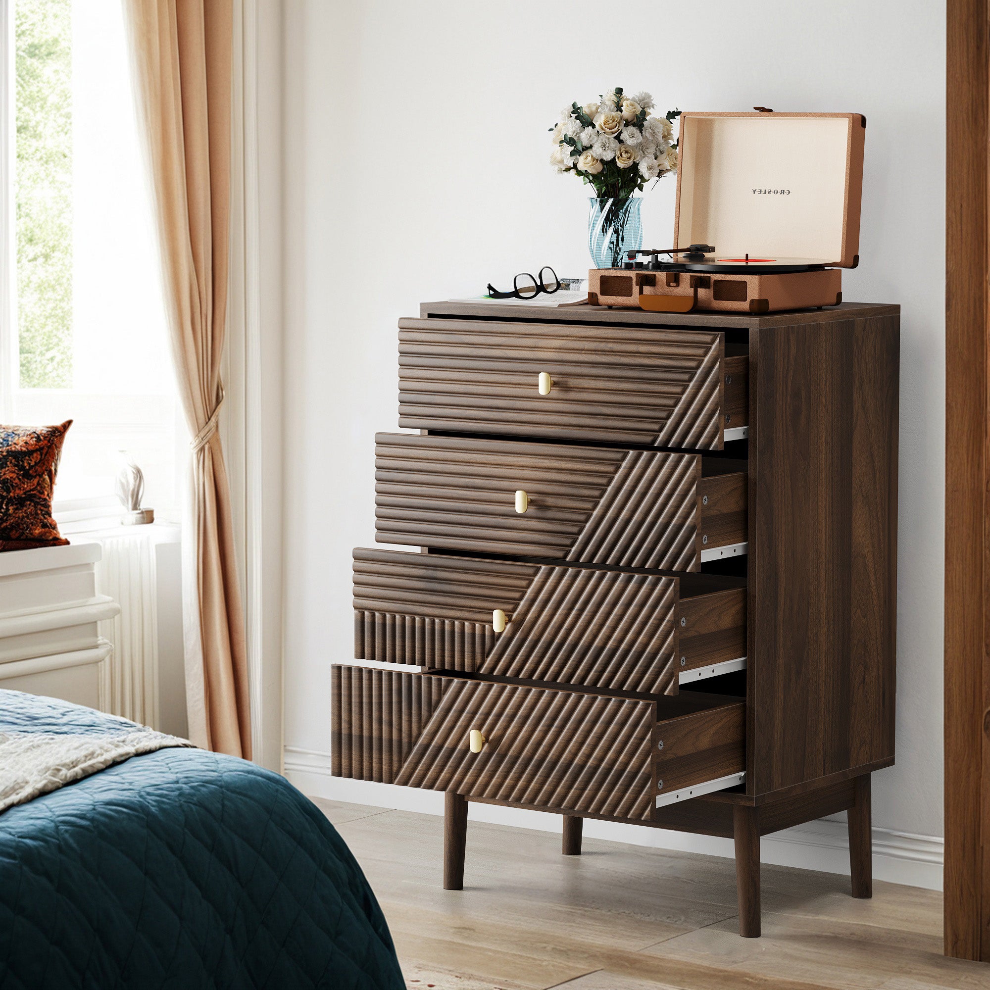 Commode moderne à 4 tiroirs avec rangement en bois de noyer pour salon ...