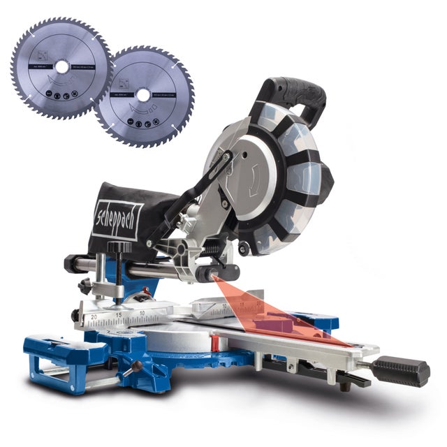 Scheppach Scie à onglet radiale HM254SPX - 2200W - Ø254 mm - Largeur/hauteur de coupe 34x90mm - laser - Table tournante - 2ème lame incluse