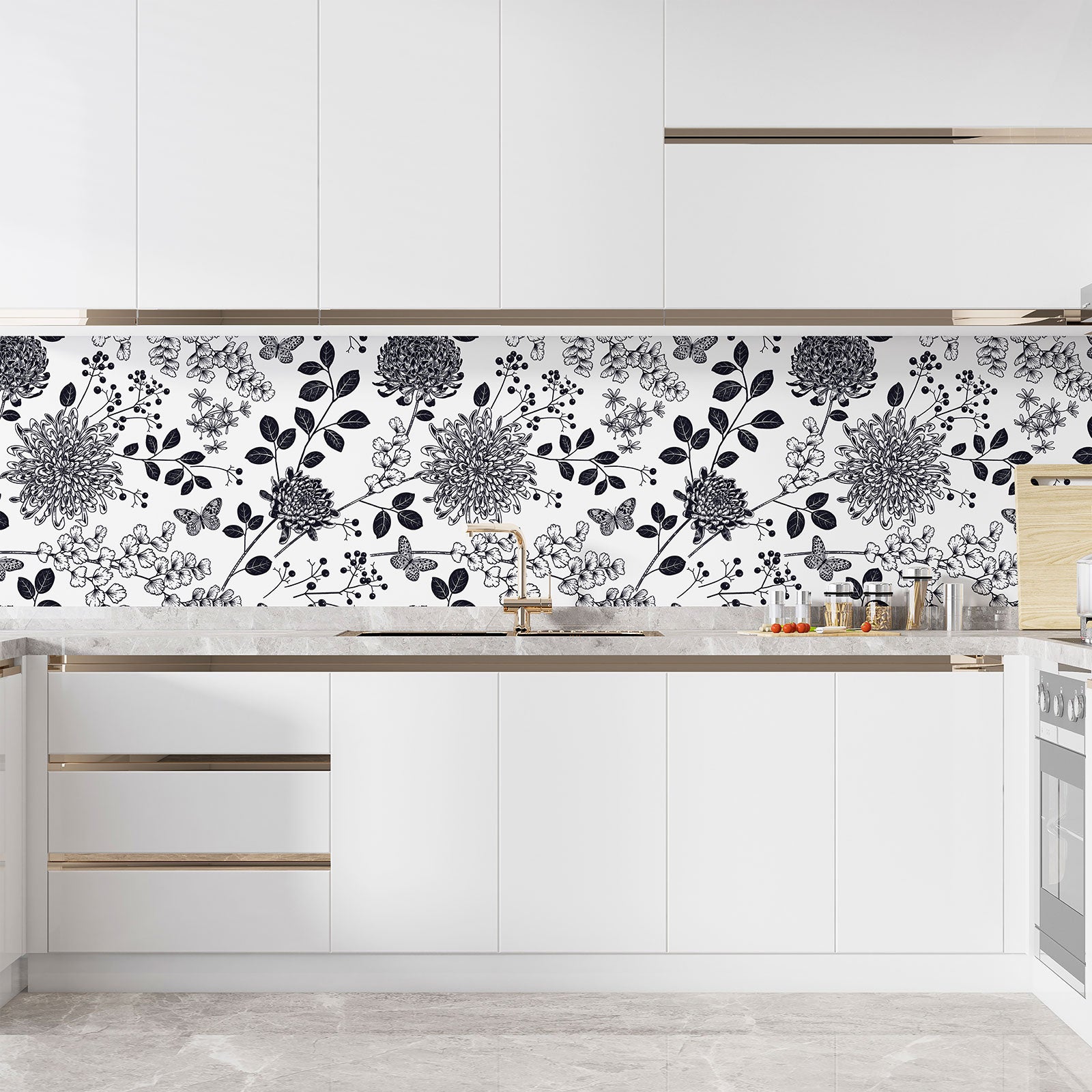 Crédence adhésive sticker décoratif pour cuisine - Fleurs papillons - Adhésif + Protection BRILLANTE - 60x90 cm - 3