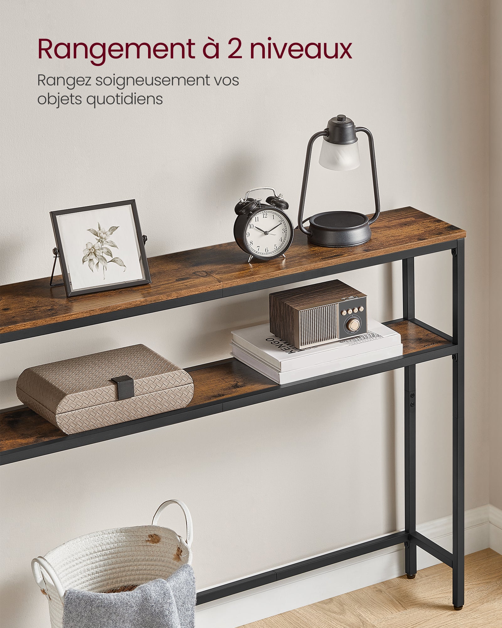 Console pour Couloir, Table de Salon Fine à 2 Niveaux, 20 x 80 x 80 cm, Table d’Appoint avec 2 Étagères, Marron Rustique et Noir d'Encre - 3